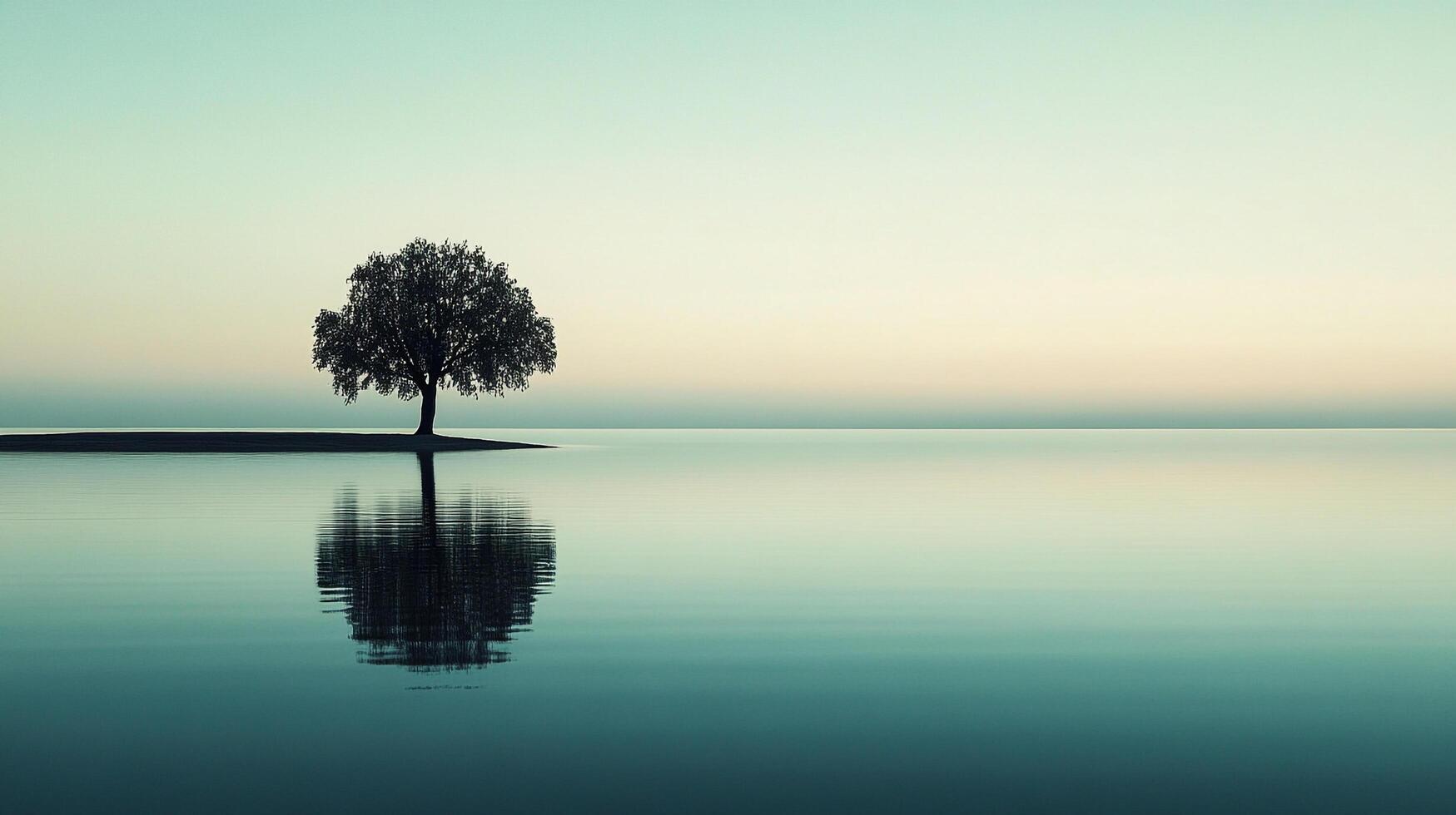 Solitary tree mirrored in tranquil water. Calm, ethereal landscape. Nature's beauty. Serene, peaceful reflection scene. photo