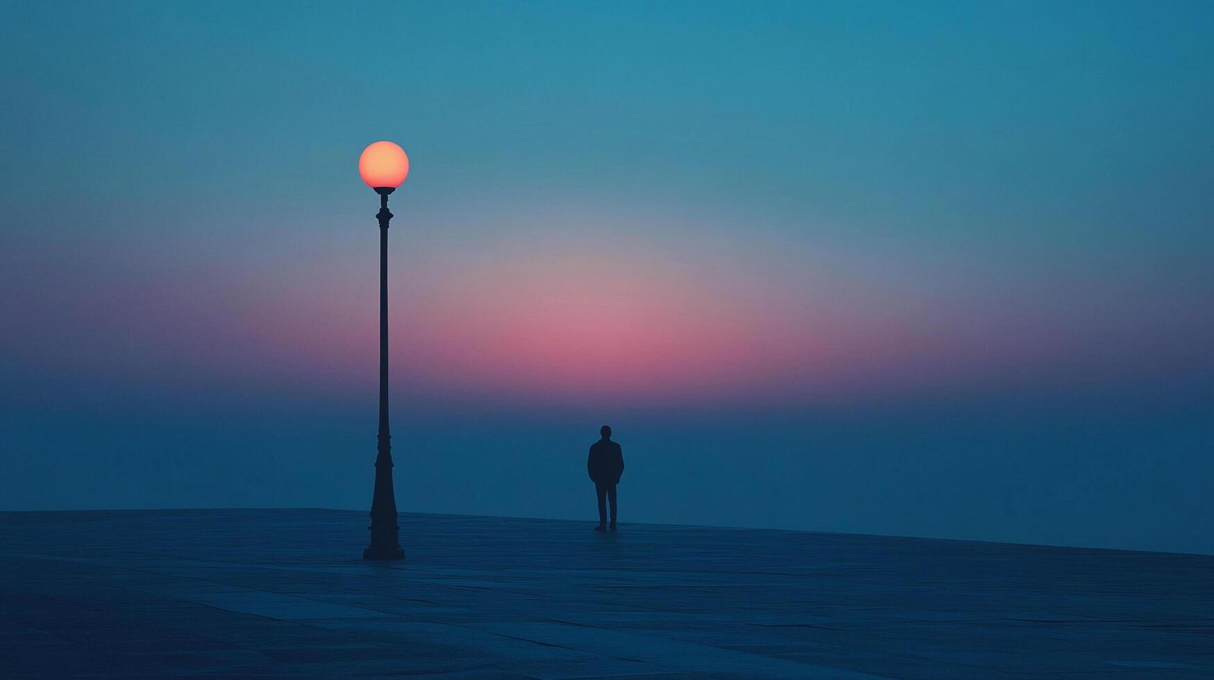 Serene twilight scene featuring a solitary figure standing near a glowing lamppost under a gradient sky. photo