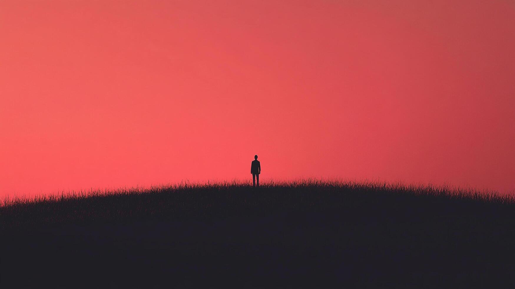 Solitary figure silhouetted against a vibrant red sky, standing atop a dark, grassy hill, creating a sense of solitude. photo