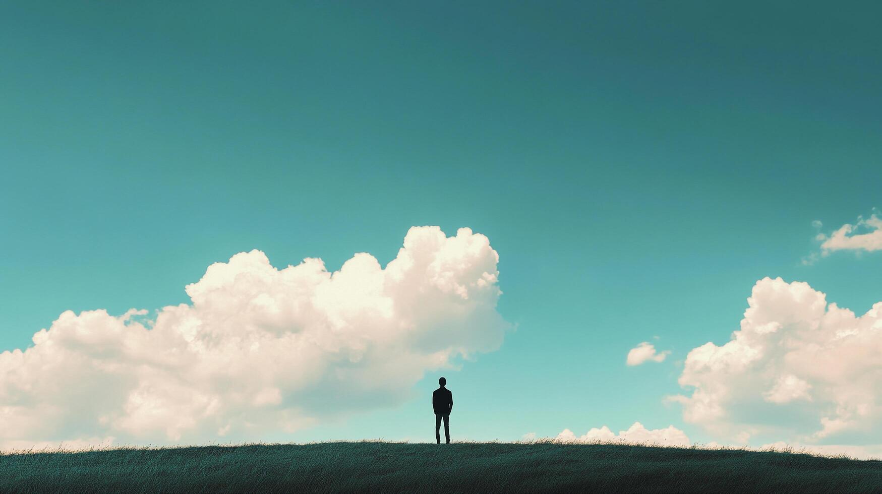 A solitary figure stands on a grassy hill beneath a vast sky filled with billowing clouds, evoking a sense of peace and contemplation. photo