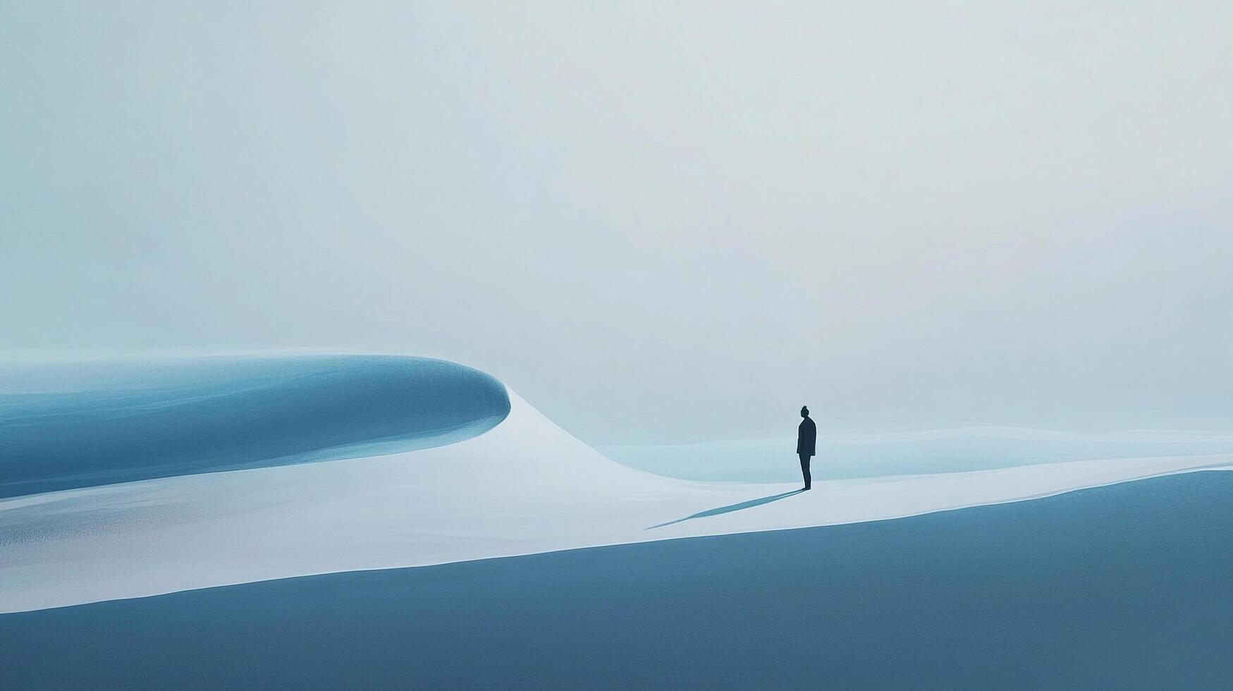 Solitary figure stands on surreal, minimalistic dunes in a monochromatic landscape, evoking stillness and contemplation. photo