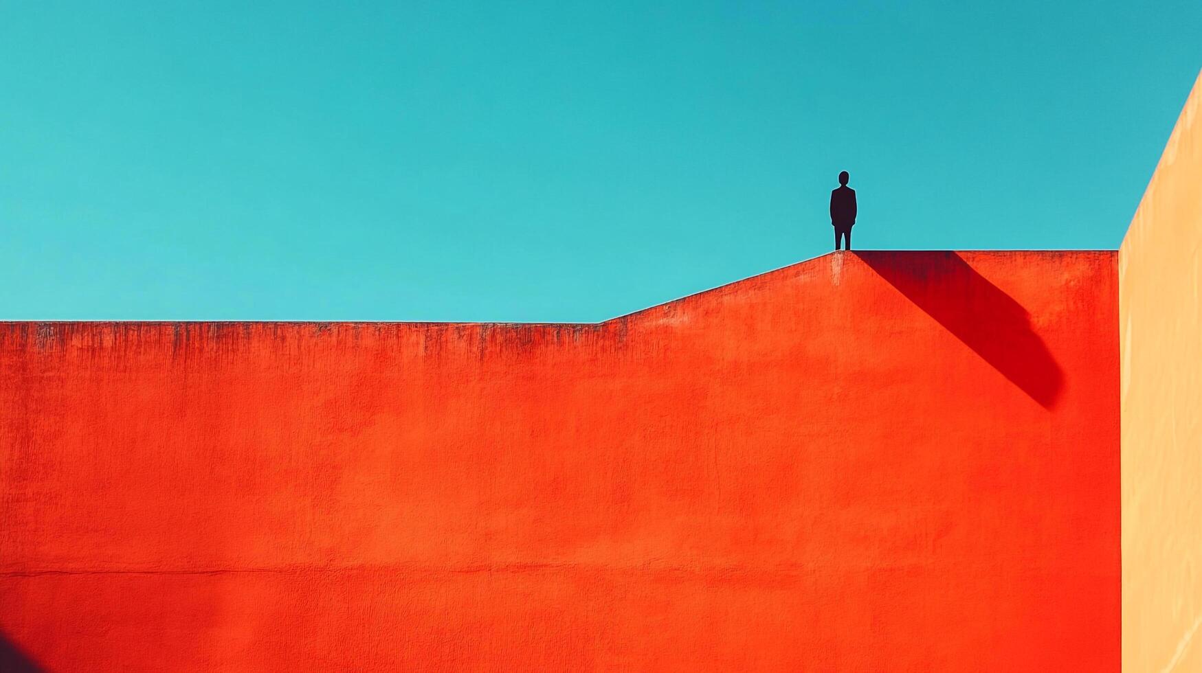 Silhouette stands atop a vibrant orange structure against a stark turquoise sky, creating a striking contrast. Serenity, solitude. photo