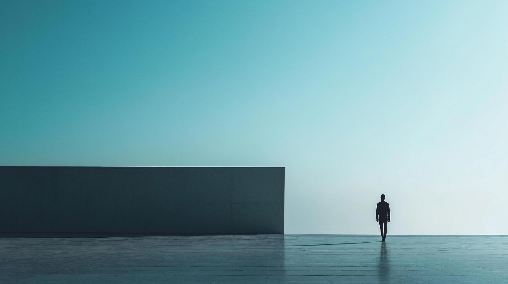 A lone figure walks towards the horizon in a minimalist landscape, evoking feelings of solitude, reflection, and the search for direction. photo