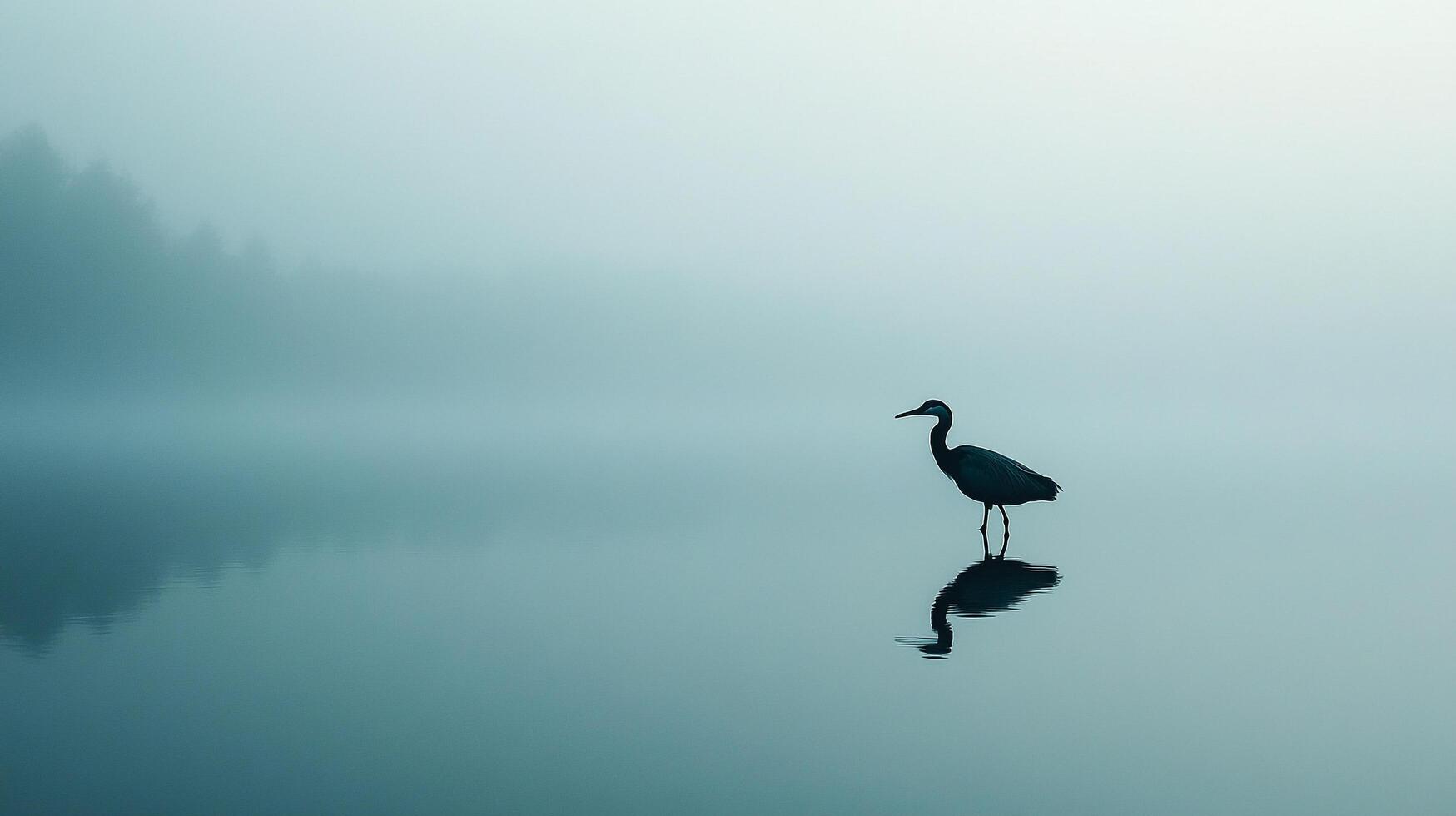 Silhouette of a heron standing in a misty lake, its reflection mirrored in the calm water under a soft, muted sky. Serene moment. photo