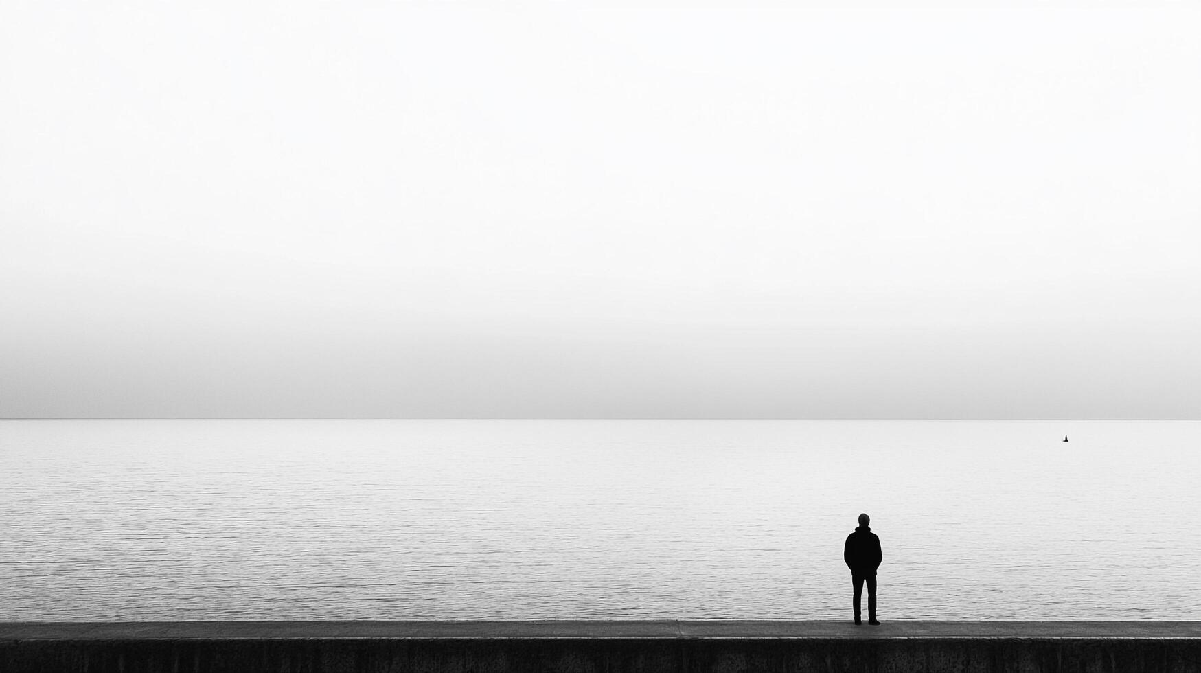 Solitary figure contemplates the horizon, blurring the line between sea and sky, enveloped in tranquil monochrome abstraction. photo