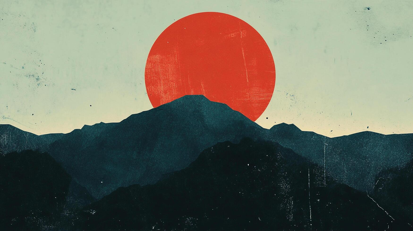 A vibrant red sun dominates the sky above a silhouette of majestic mountains in a textured, stylized landscape painting. photo
