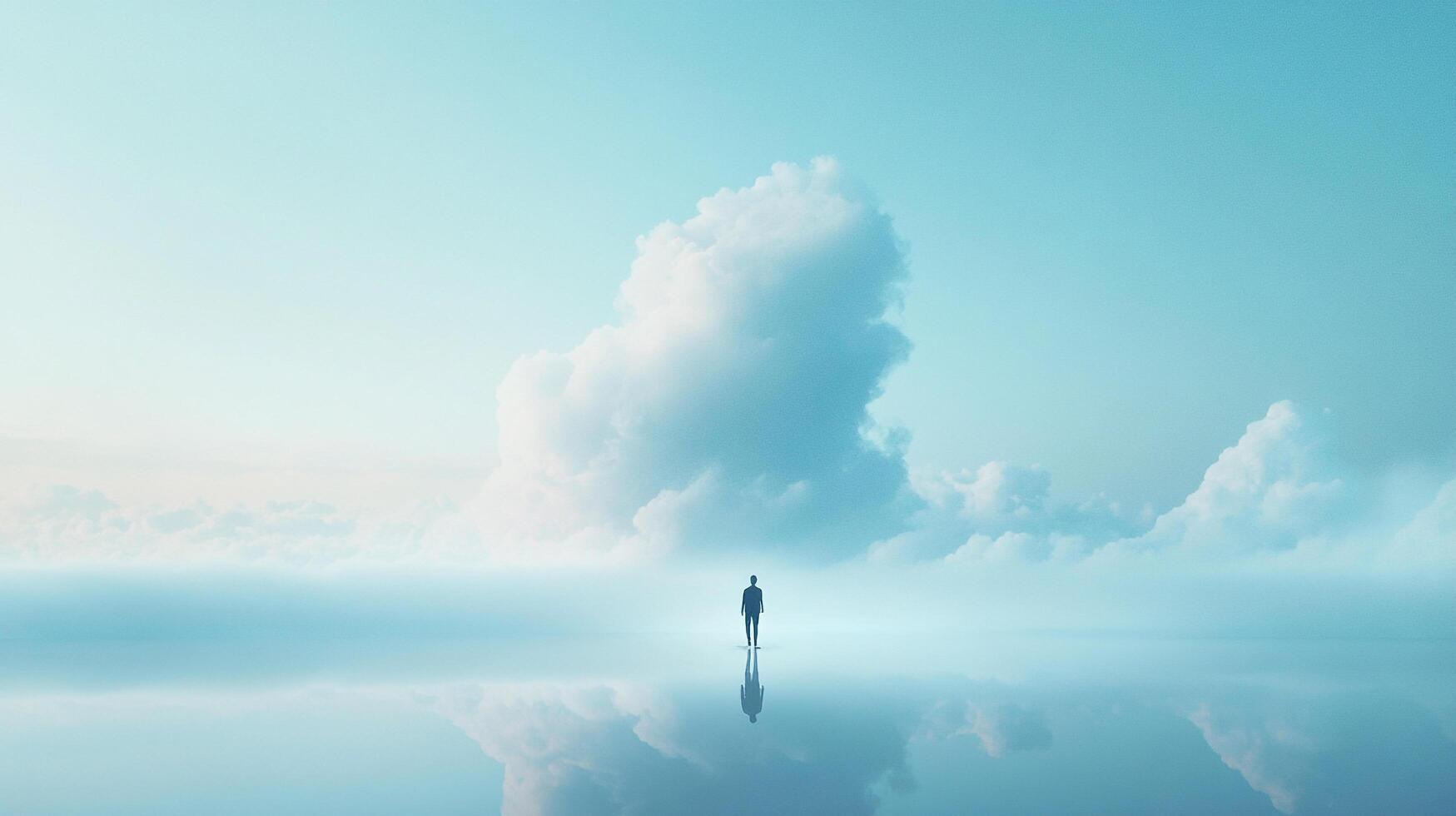 A lone figure stands reflected on a still, dreamlike expanse beneath soft skies and towering clouds in a tranquil, ethereal scene. photo