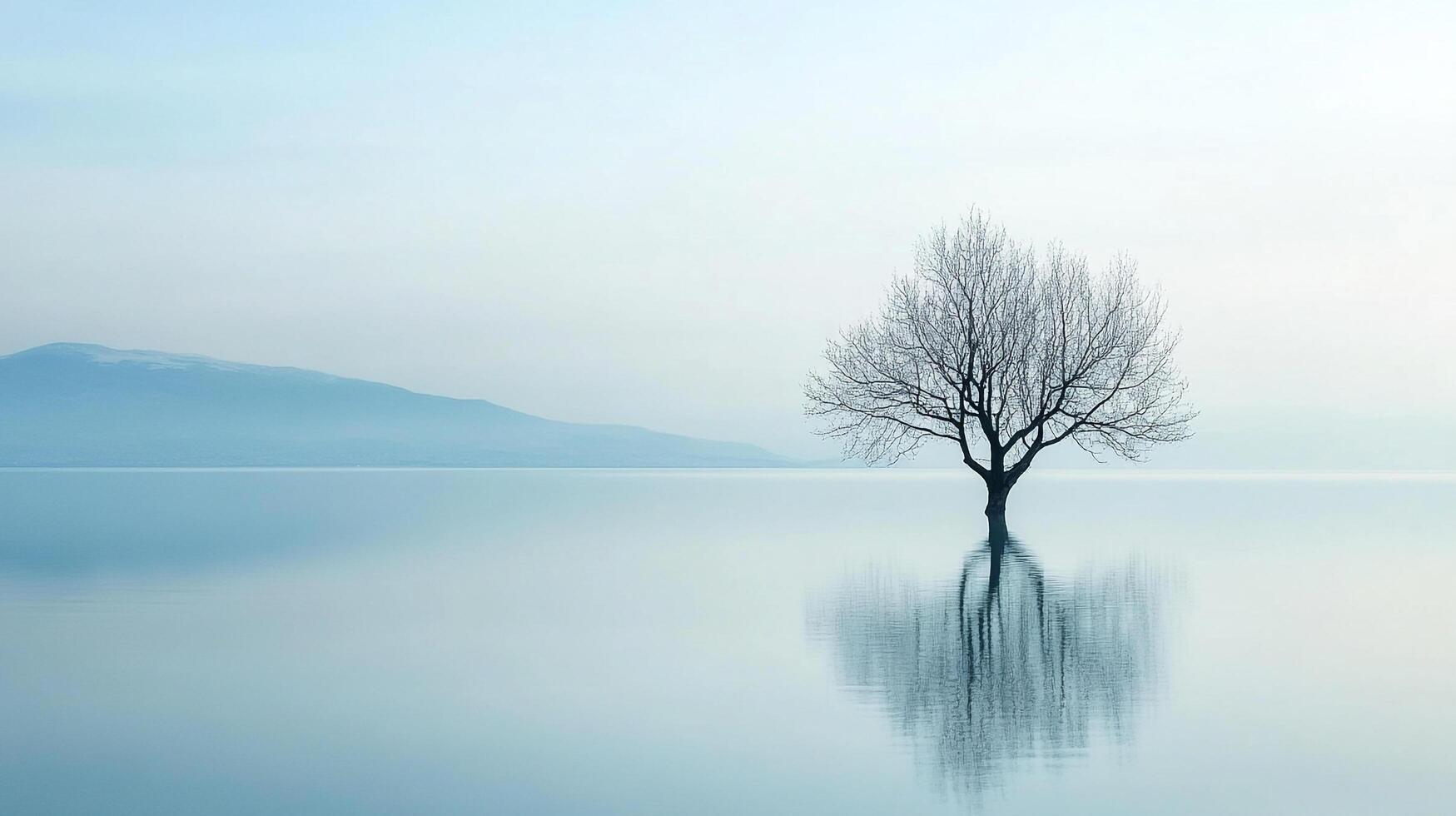 Solitary tree standing in a tranquil lake, its reflection creating a mirror image in the calm water. A serene and minimalist landscape. photo