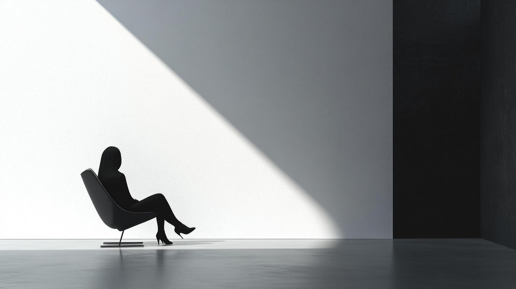 Silhouette of a woman elegantly seated in a chair, set against a stark white wall illuminated by a striking beam of natural light. photo