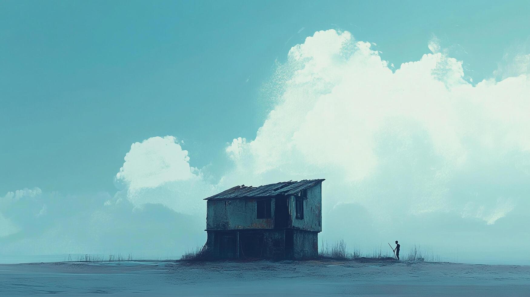 Dilapidated dwelling amidst serene blues, clouds dominate backdrop. A lone figure stands nearby, evoking a sense of solitude and desolation. photo