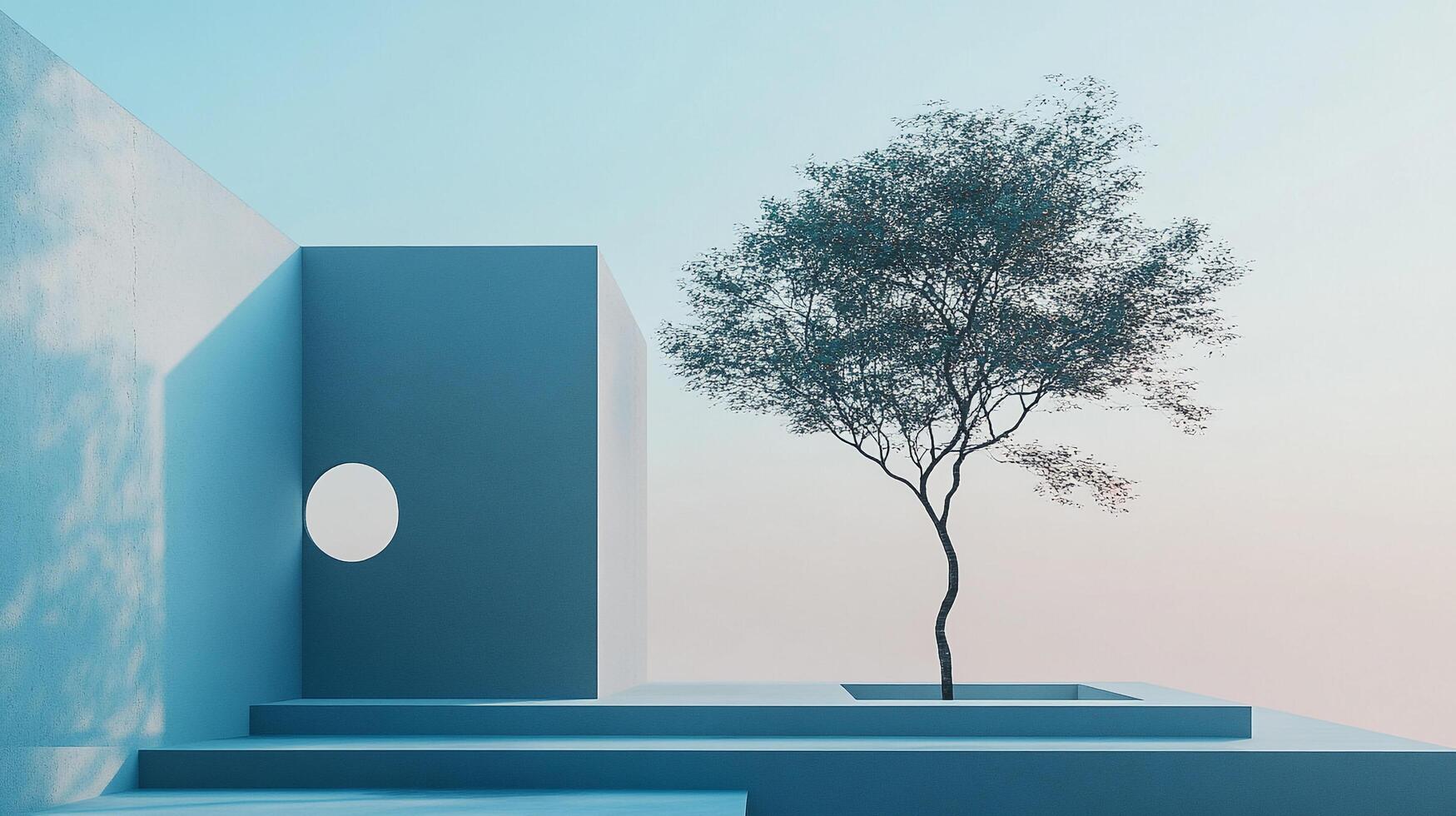 Minimalist architectural display with a solitary tree, pale blue tones evoke serenity, blending natural beauty with modern design. photo