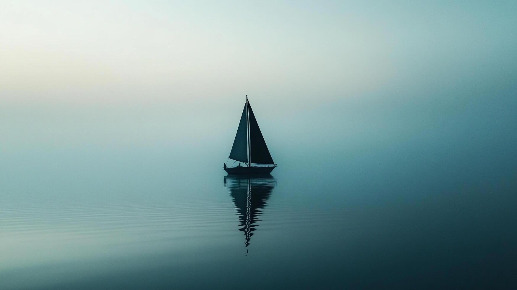 A solitary sailboat glides across a tranquil, mirror-like sea, shrouded in a soft, ethereal mist. The scene evokes serenity and peace. photo