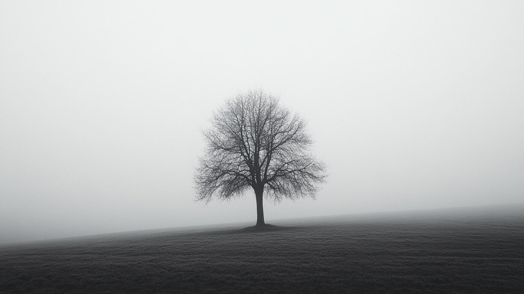 Monochrome image of a stark tree standing in a misty field, conveying a sense of peace and solitude. Minimalist nature scene. photo