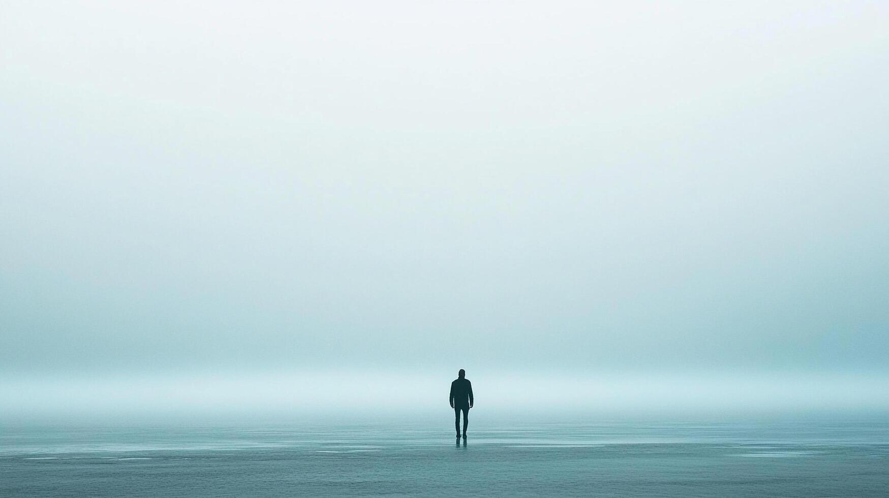 Solitary figure on the horizon, lost in the vast expanse of fog, evokes a sense of solitude, mystery, and introspection. photo