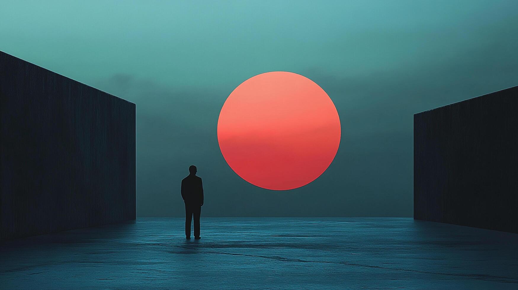A lone figure contemplates a massive, surreal sun between monolithic structures, evoking introspection and the mysteries of existence. photo