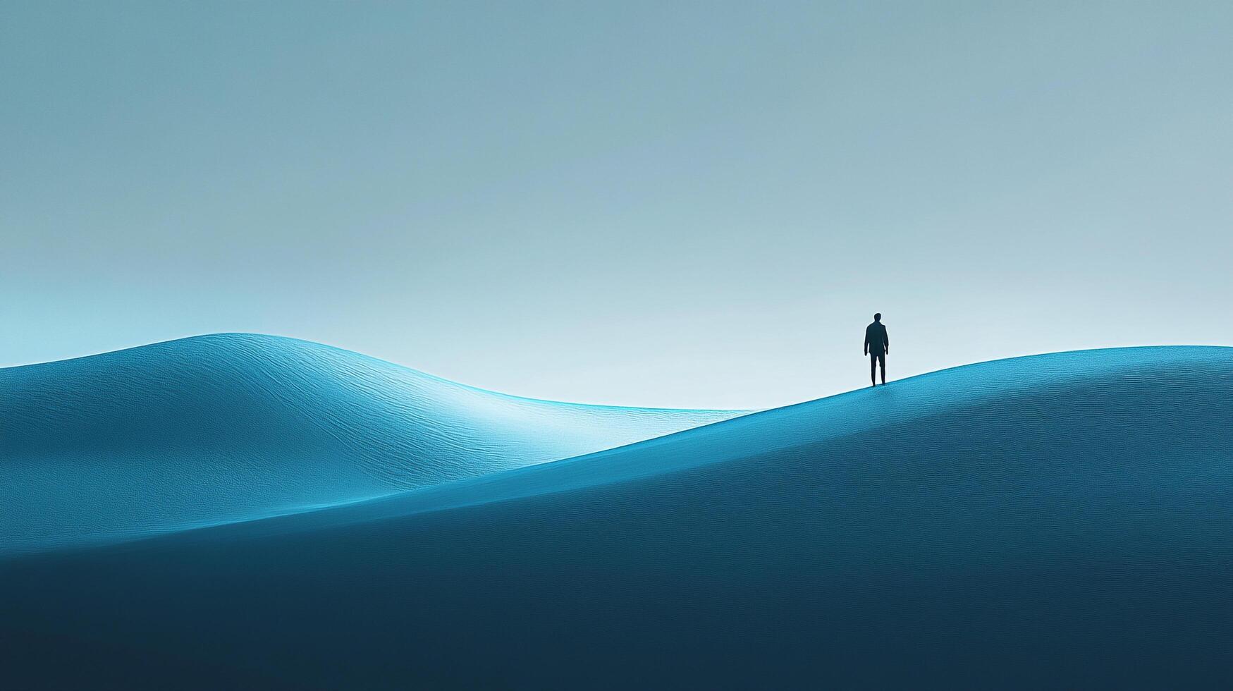 Solitude on blue dunes, a lone figure contemplating the horizon, blending minimalist design with existential reflection. Serene view, cool hues. photo
