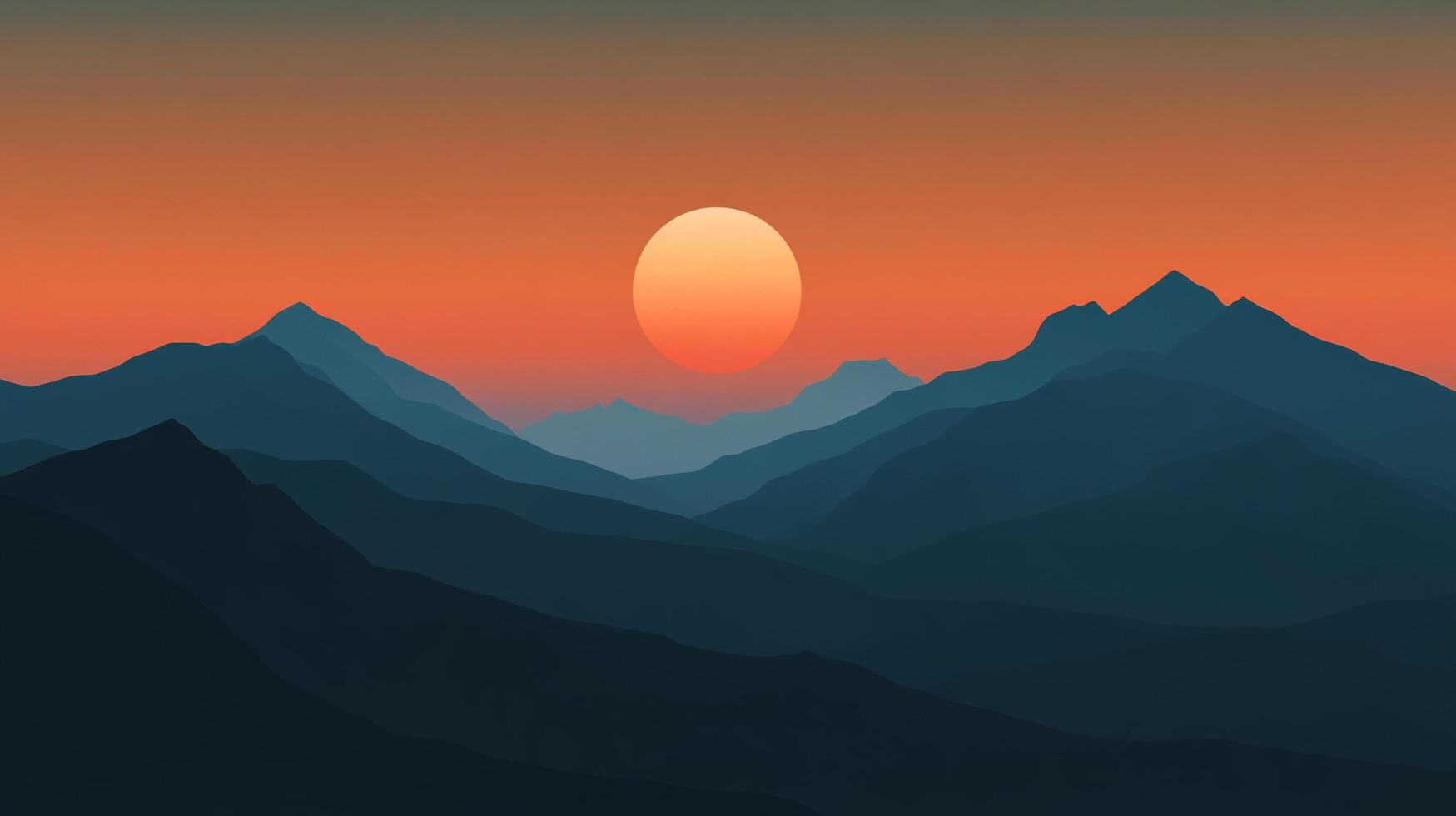 Serene mountain range silhouette at sunset, with vibrant orange sky casting warm glow. A calming, minimalist landscape. Digital artwork photo