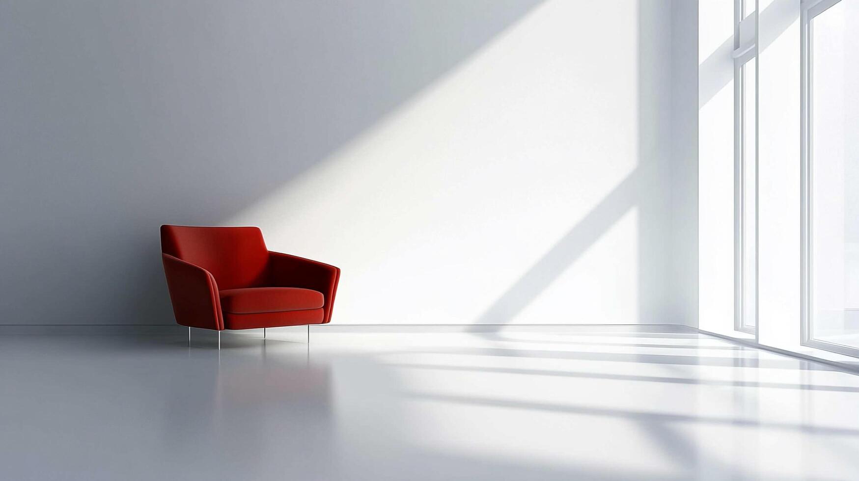 Minimalist space features a crimson chair beside a wall bathed in light from a large window creating a serene and modern interior. photo