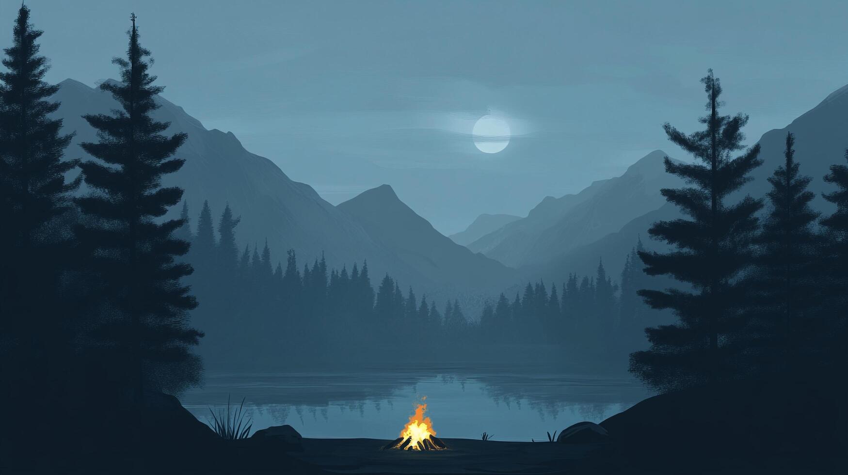 A serene night landscape featuring a glowing campfire by the lake and silhouetted mountains under a bright moon. Calm and peaceful scenery. photo