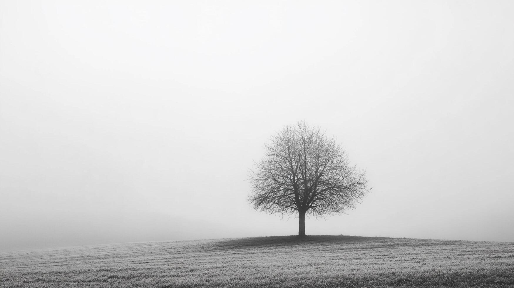 A solitary, leafless tree stands on a misty field, exuding stark beauty and serene isolation in a monochrome landscape, a study in quiet contemplation. photo