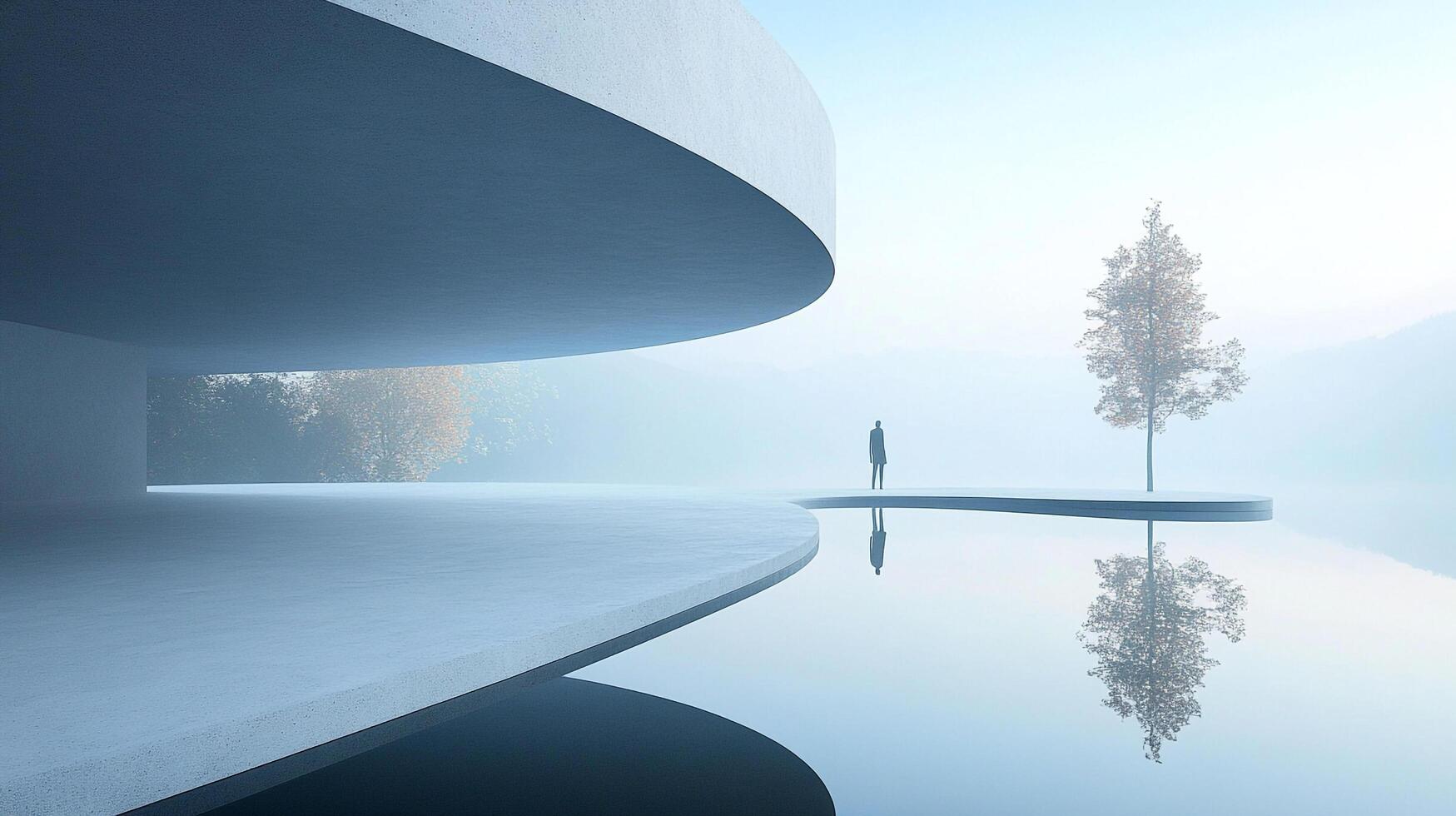 Contemplative figure at modern architectural marvel near a still lake, under a misty sky, reflecting nature's simple beauty. photo