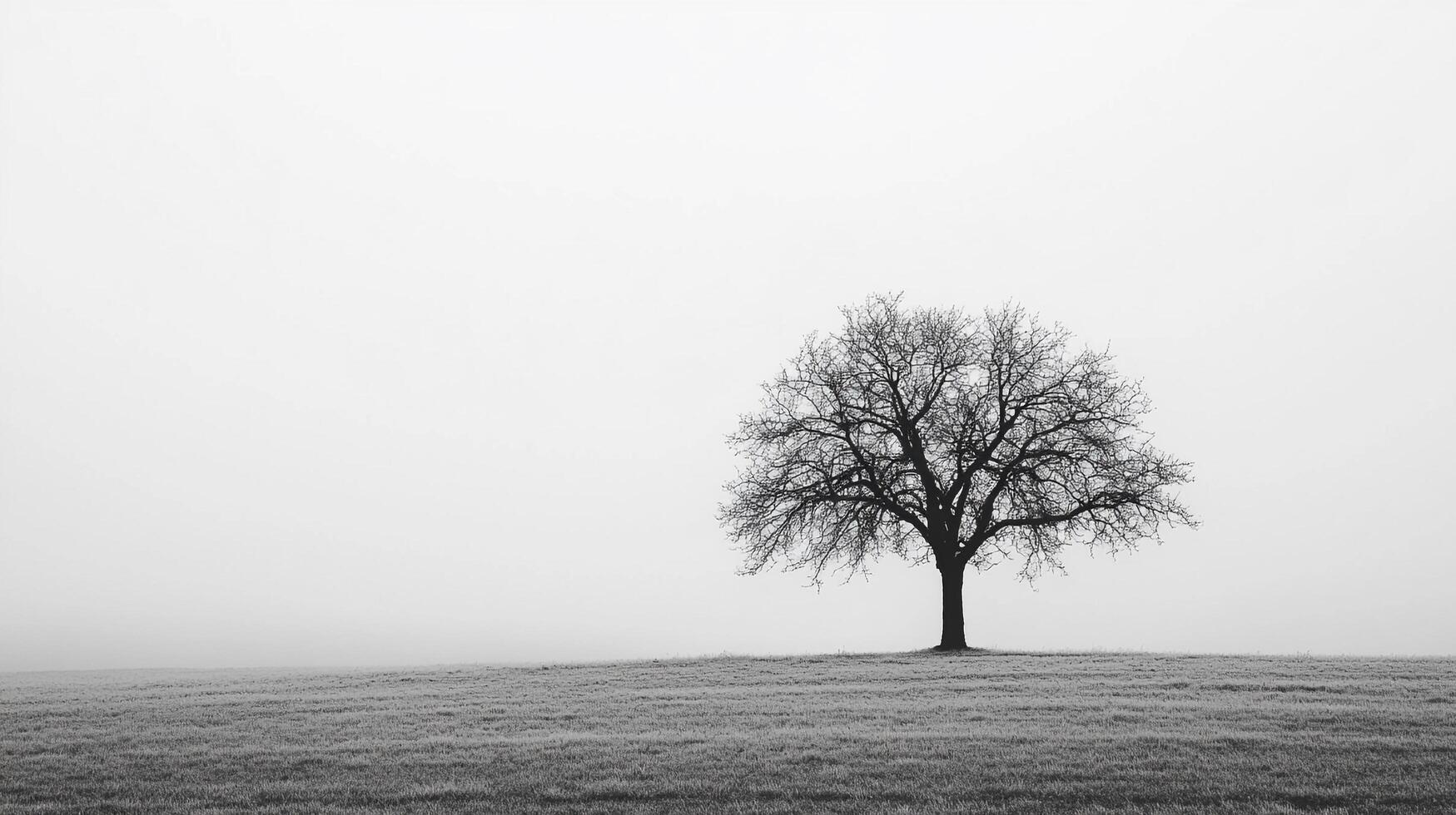 Solitary tree standing starkly against a muted sky, its leafless branches reaching up in a monochromatic landscape. Serene and isolated vista. photo