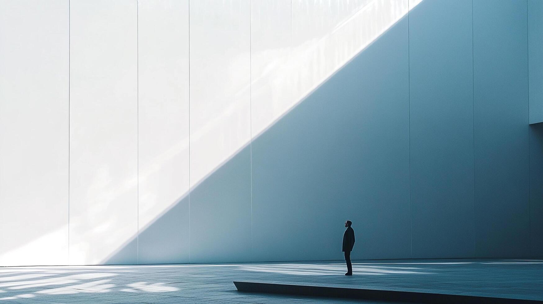 Solitary figure in vast space, bathed in light. Architectural minimalism with contrasting shadows and a sense of contemplation. photo