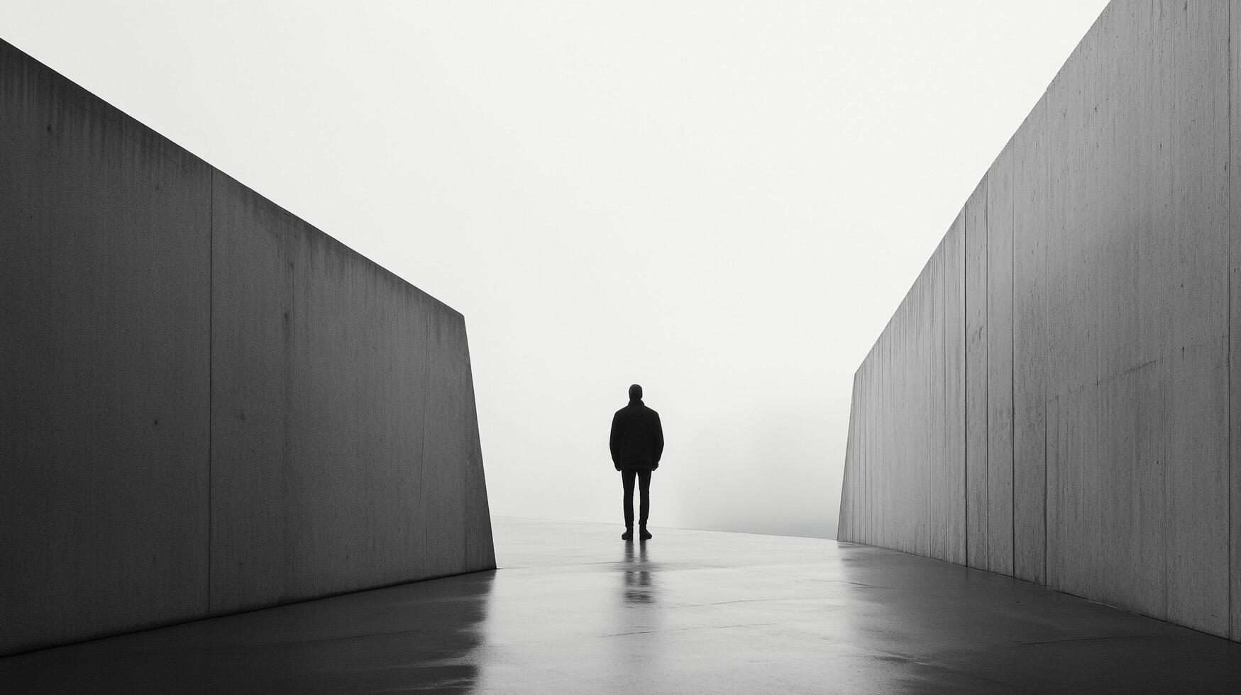 A solitary figure walks into the distance between towering concrete walls, monochrome mood. A journey into the unknown, abstract perspective. photo