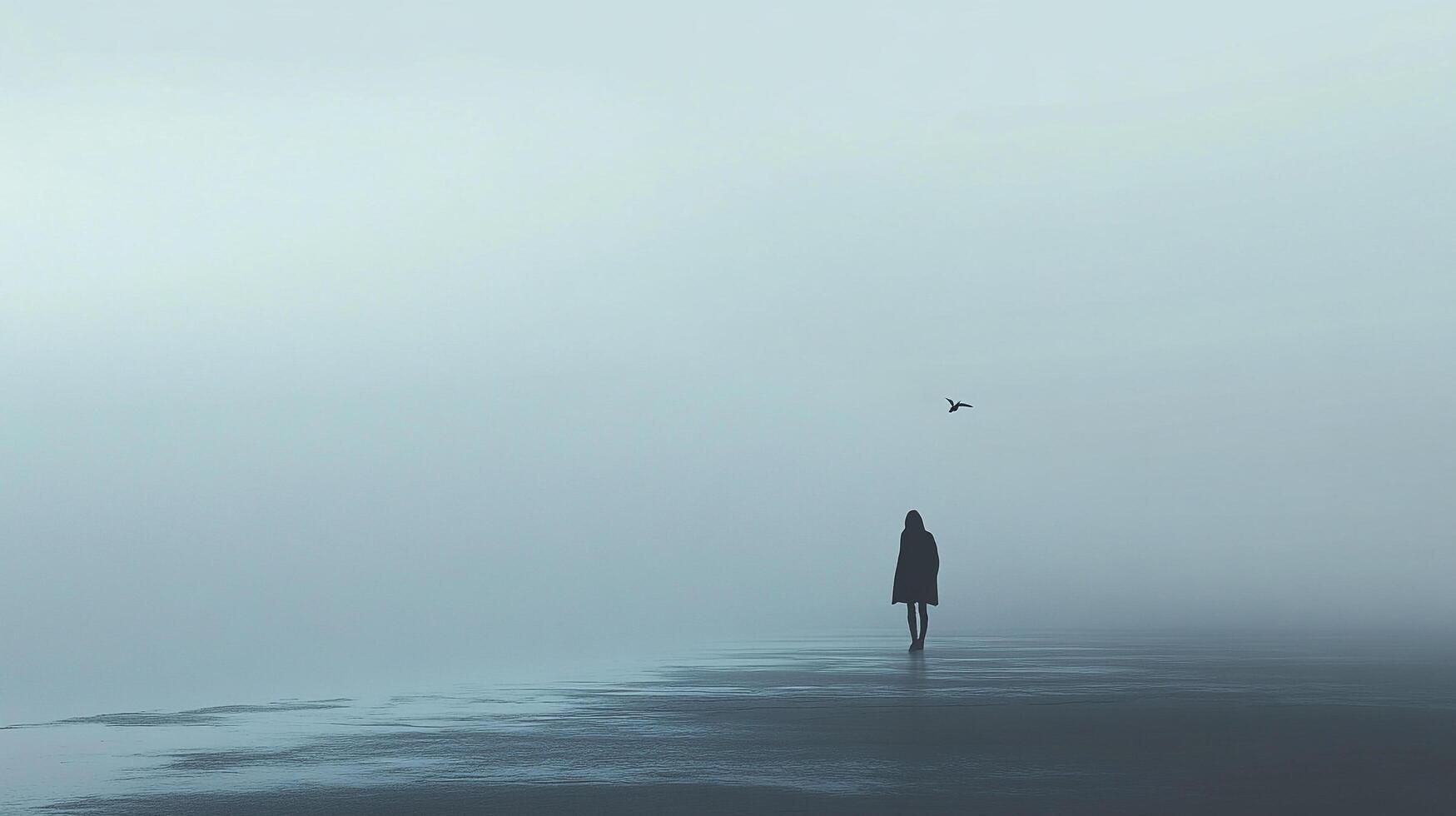 A solitary figure walks along a misty shore as a bird flies overhead. The pale sky blends seamlessly into the calm ocean. photo
