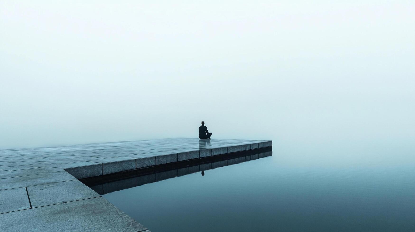 Solitary figure meditating on a pier surrounded by tranquil water, bathed in a calming, misty atmosphere. Serene and reflective moment. photo