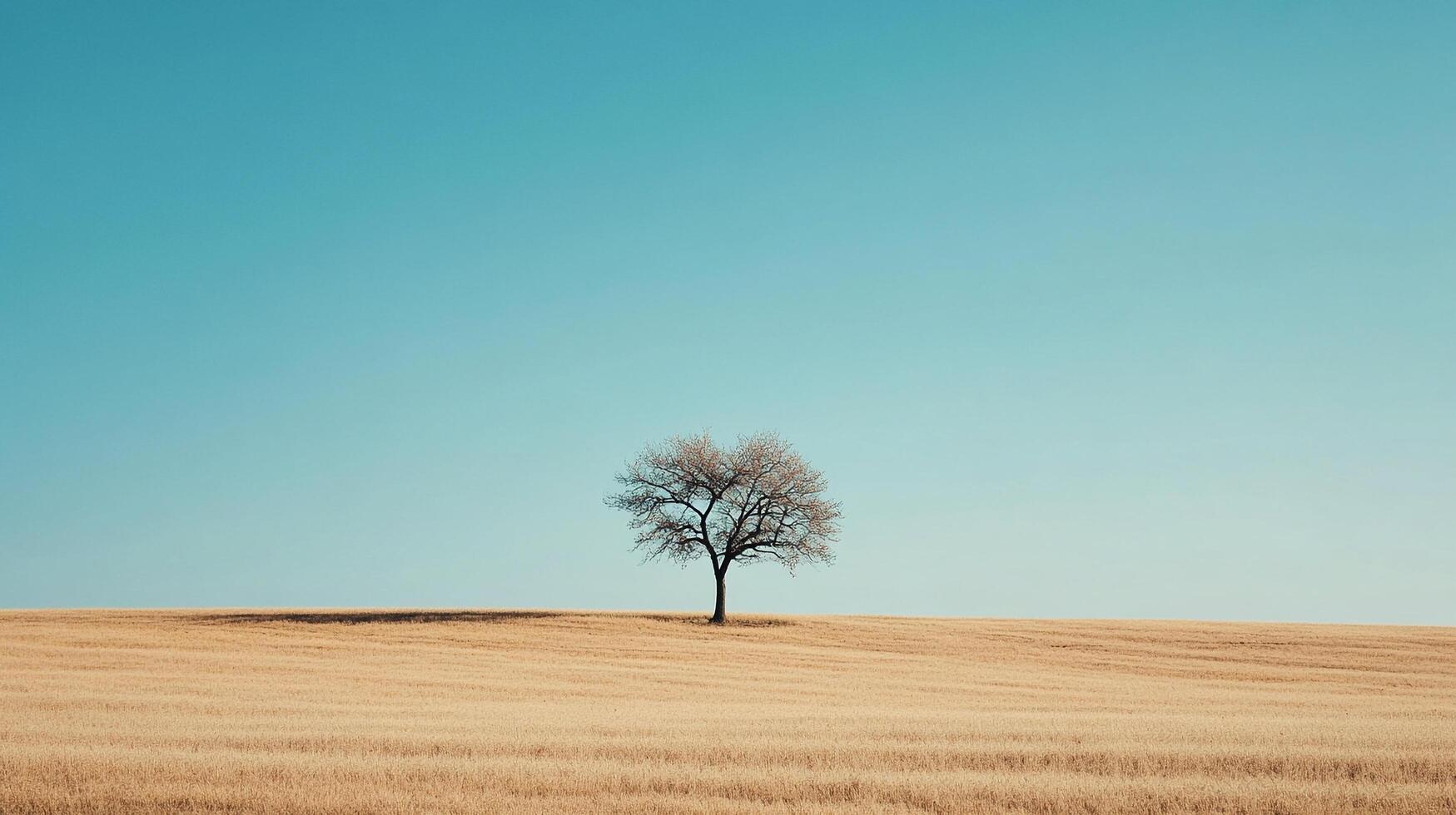 Lone tree stands peacefully against a blue sky and golden field. Quiet pastoral scene creates a sense of tranquility in nature. photo