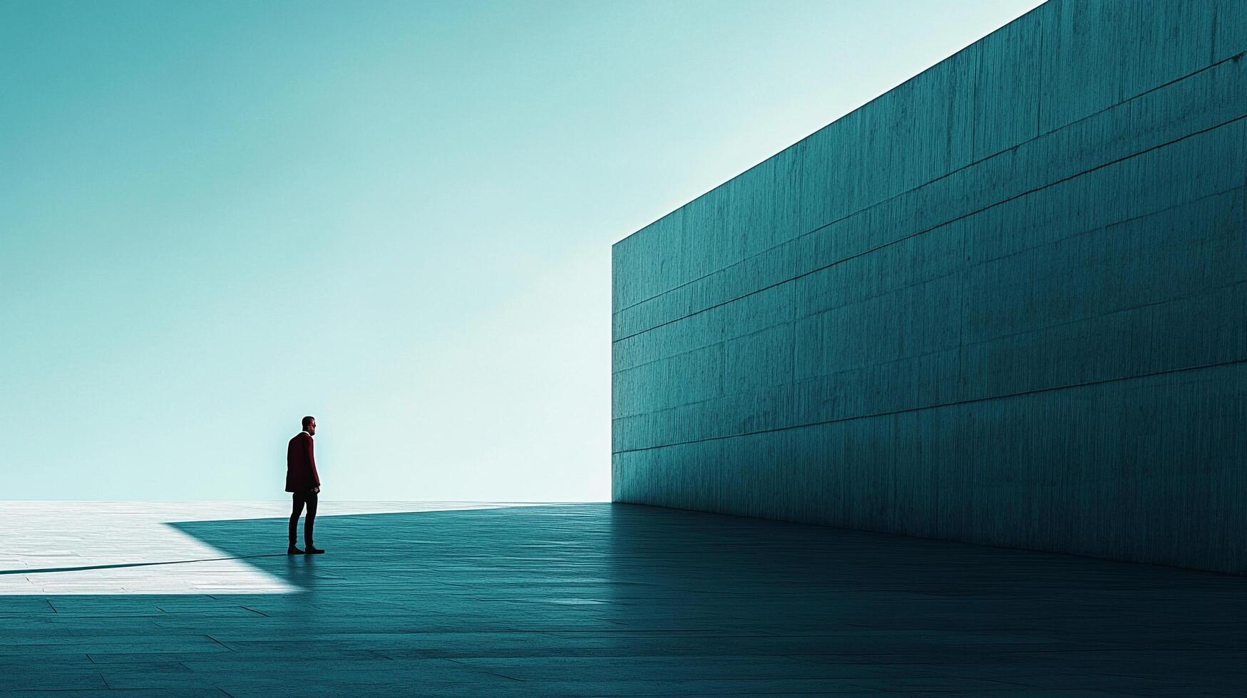 Isolated man standing before a massive teal wall, evoking contemplation and the sheer magnitude of scale against a clear, bright sky. photo