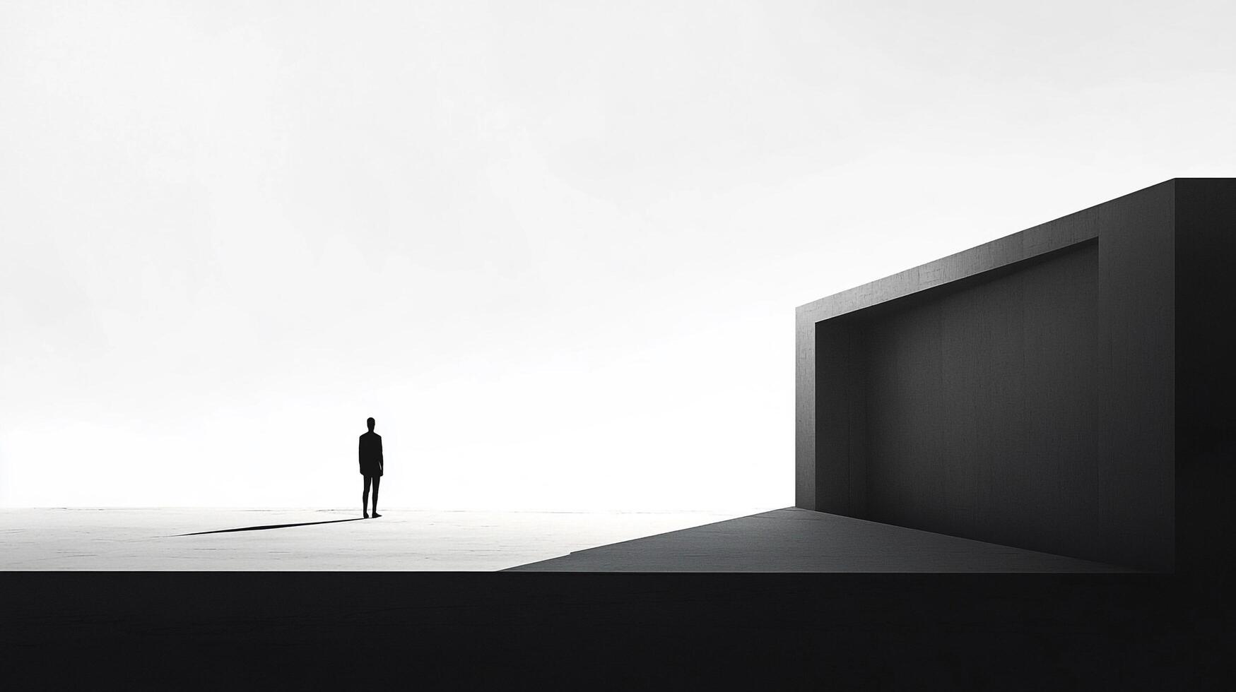 Solitary figure facing architectural structure, monochrome art, standing in the distance under a bright, empty sky in a conceptual scene. photo