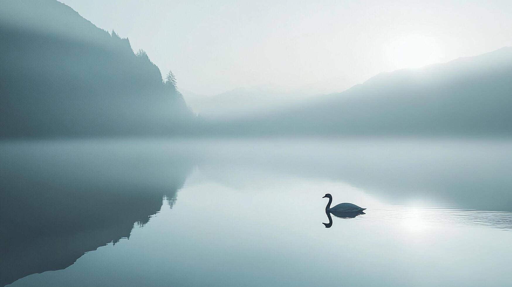 A serene scene of a lone swan gliding across a misty lake, surrounded by mountains, creating a tranquil and ethereal atmosphere. photo