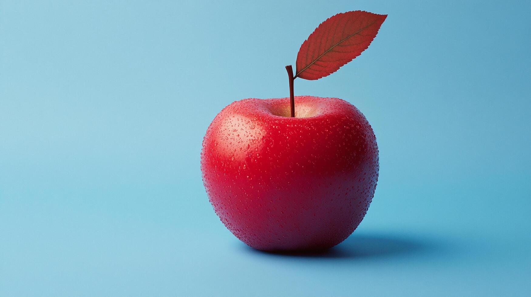 Vibrant red apple with a leaf, small drops cover surface, stark lighting creates a clean, inviting image perfect for various uses. photo