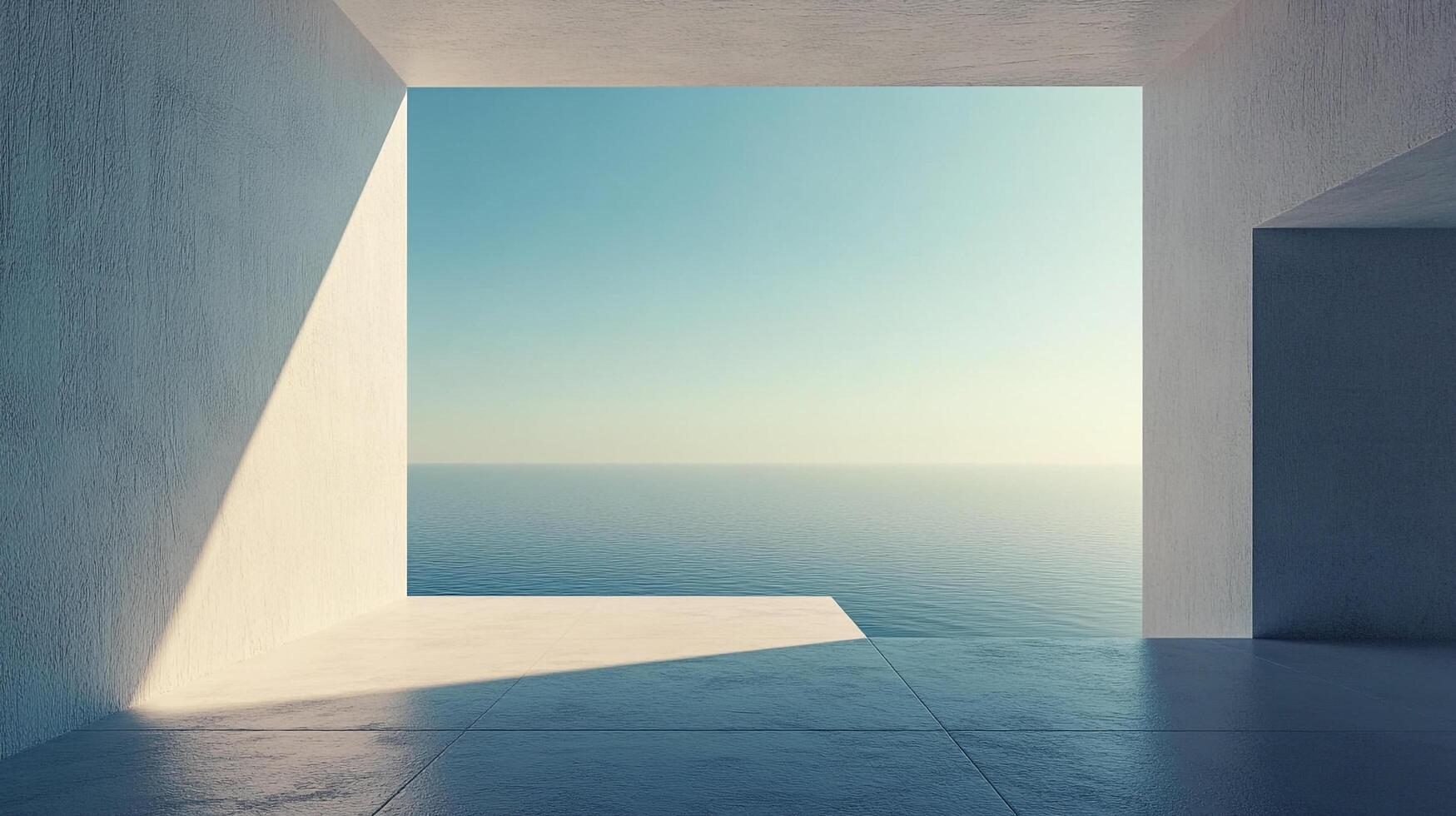Concrete structure framing tranquil ocean view, minimalist architecture blends with serene nature, sky meeting water in seamless horizon. photo