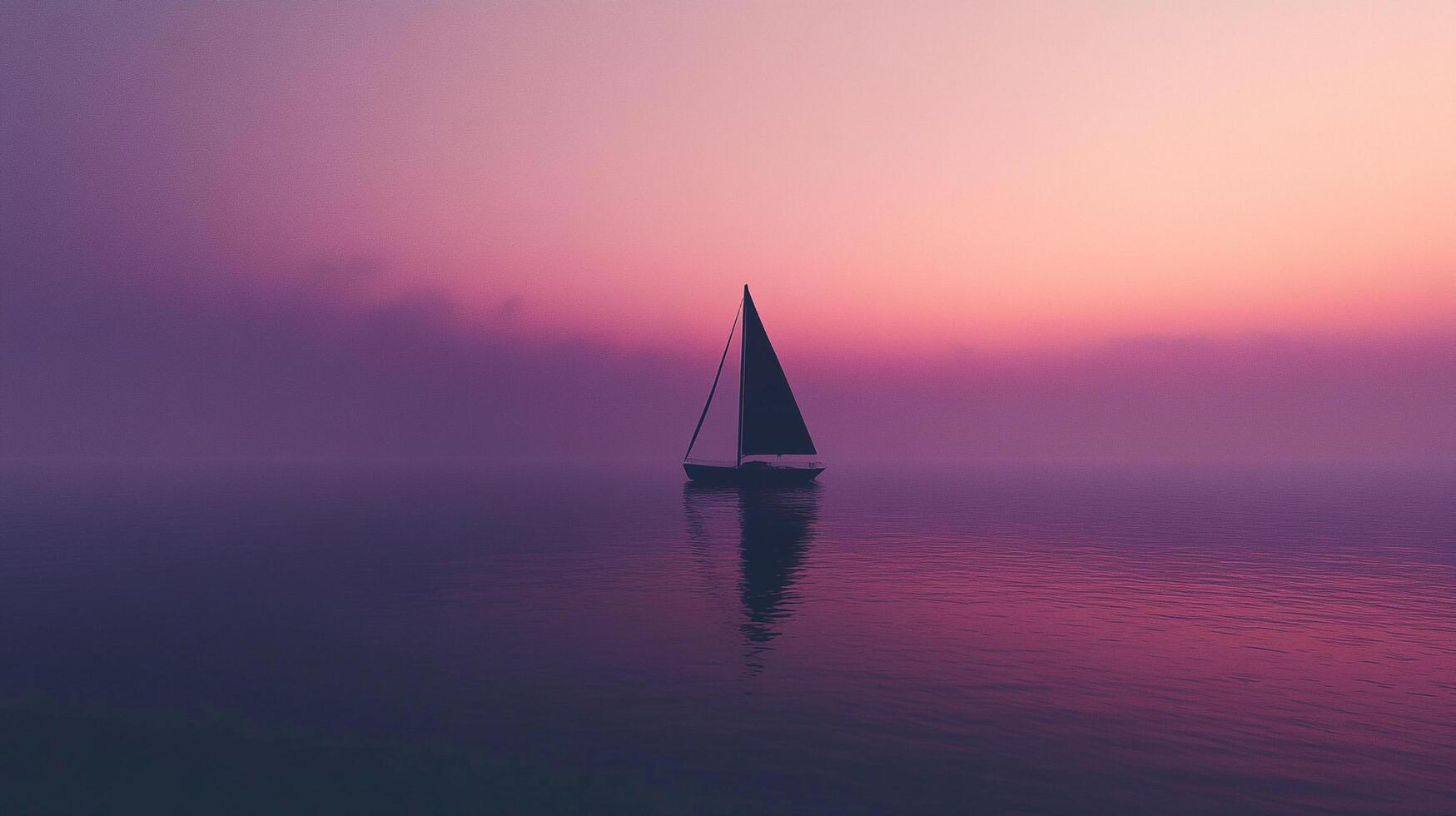Sailboat at dawn. A solitary boat sails on calm waters beneath a vibrant, colorful sunrise casting beautiful hues across the horizon. photo