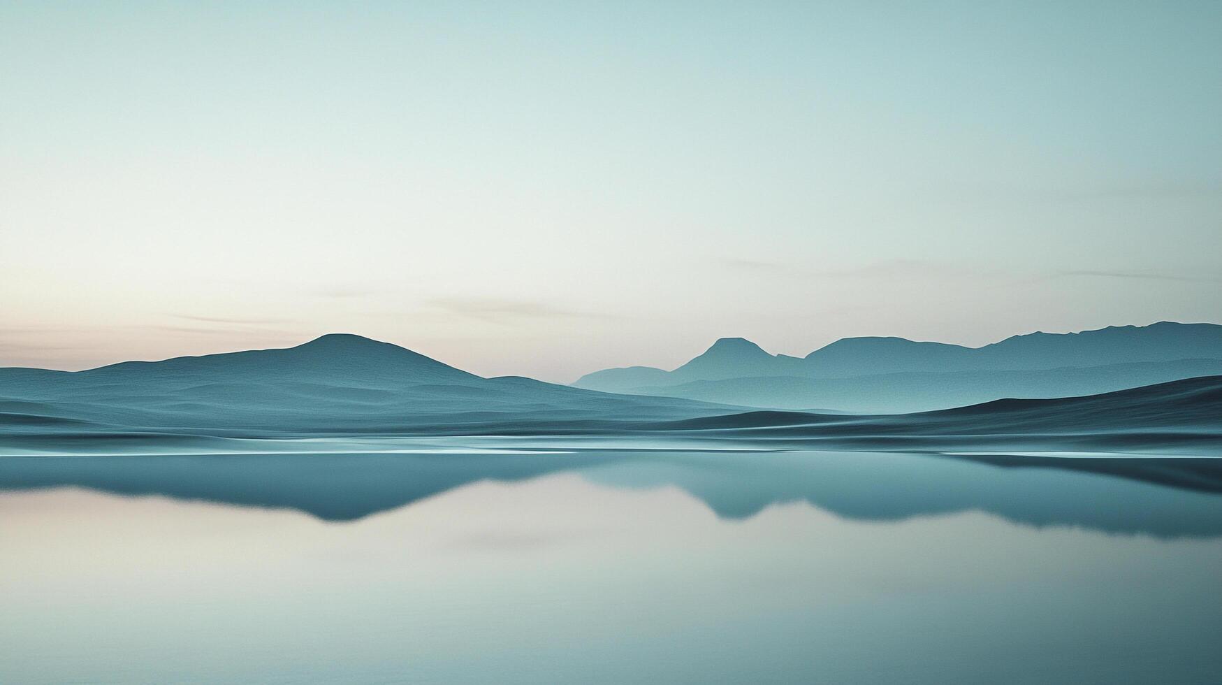 Serene landscape with tranquil waters reflecting rolling hills under a soft sky, a peaceful and minimalist nature scene. photo