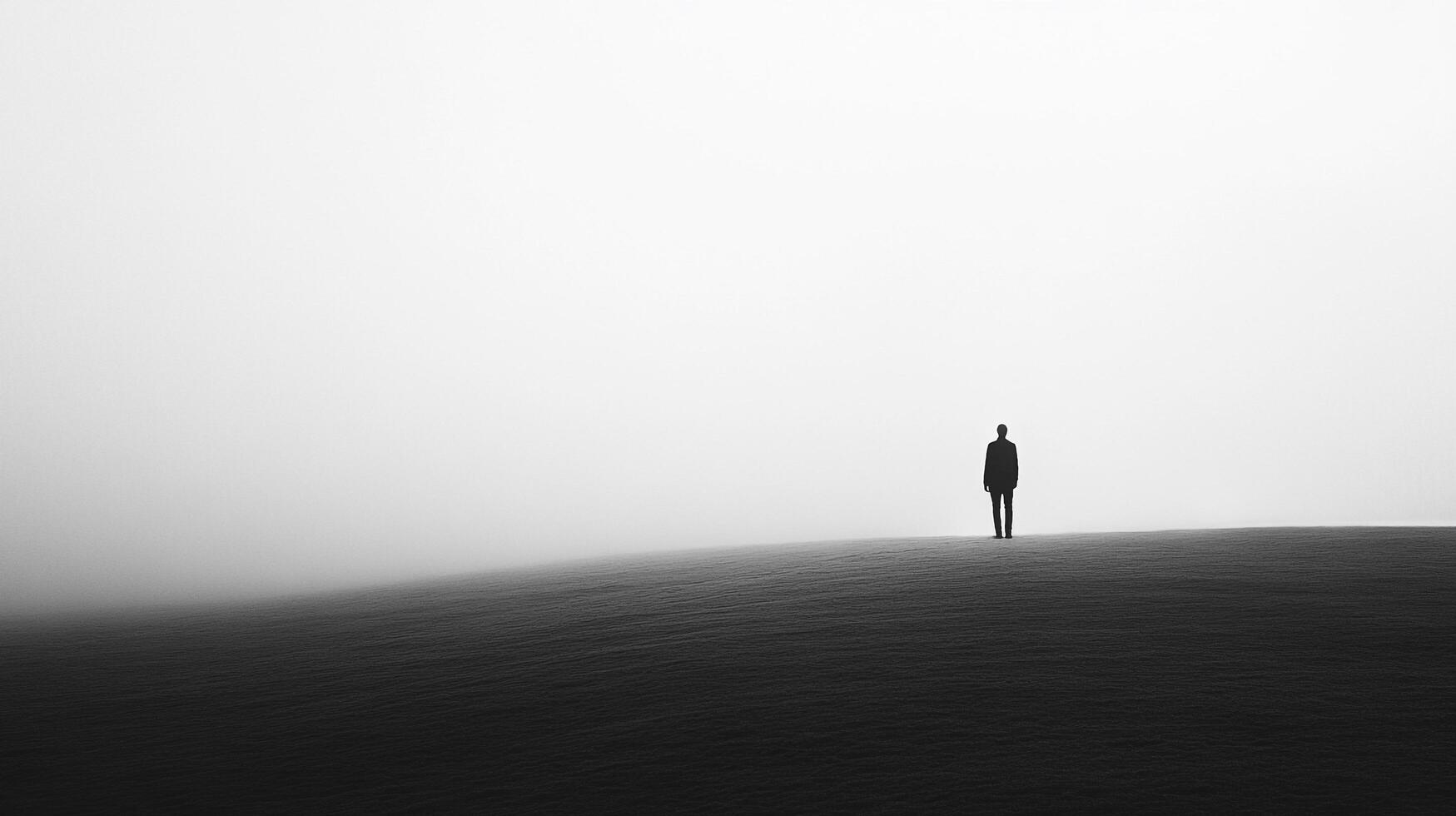 Silhouette of a lone figure stands on a stark, misty landscape, gazing into the distance, evoking themes of solitude and contemplation. photo