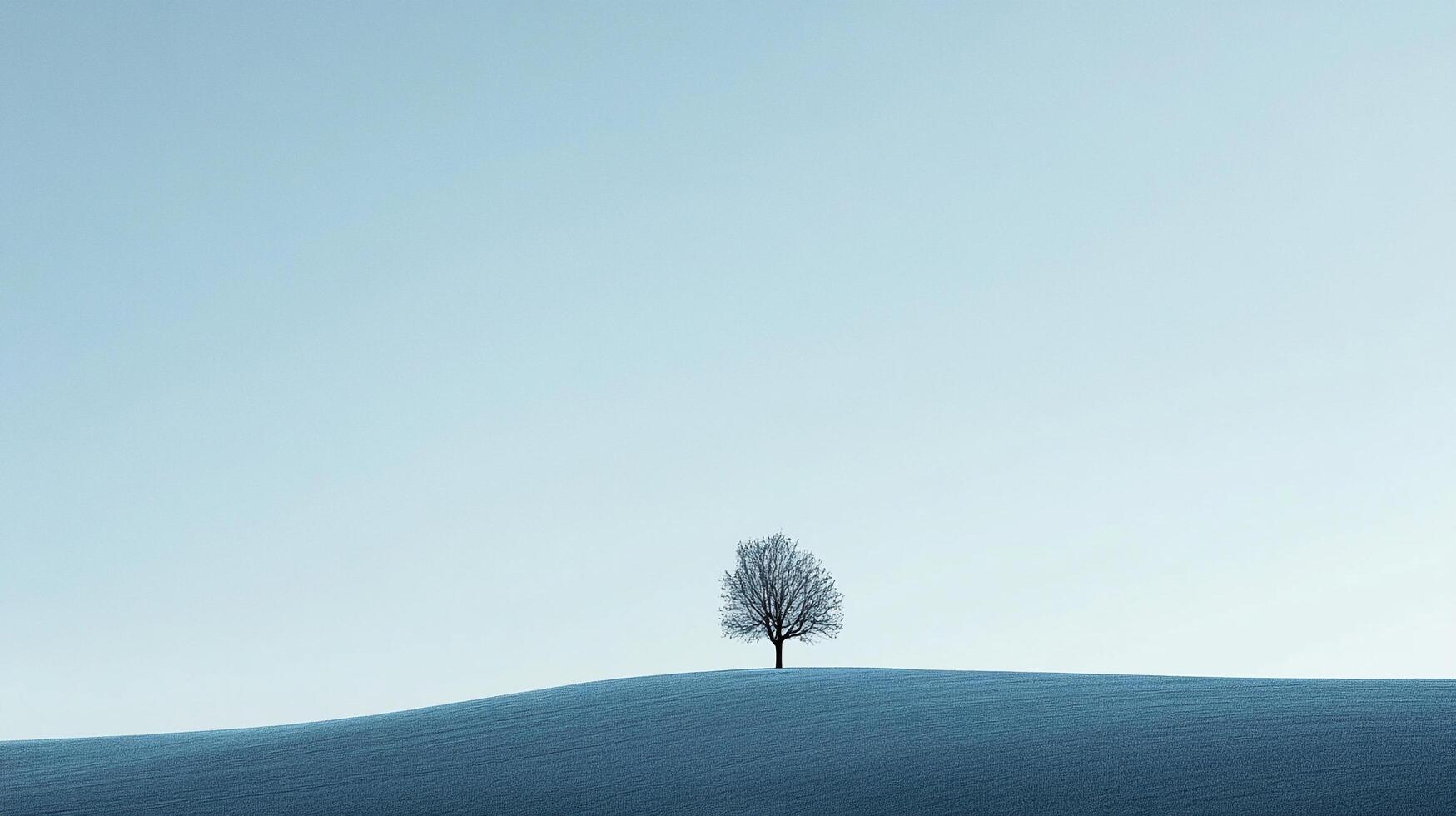 A solitary tree stands on a gentle rise against a pale sky, evoking a sense of tranquility and minimalist beauty. A peaceful countryside scenery. photo