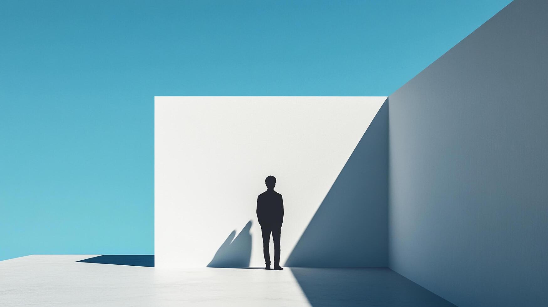 Minimalist architectural image, silhouette of person standing near white wall in bright light, blue sky backdrop, simple composition. photo