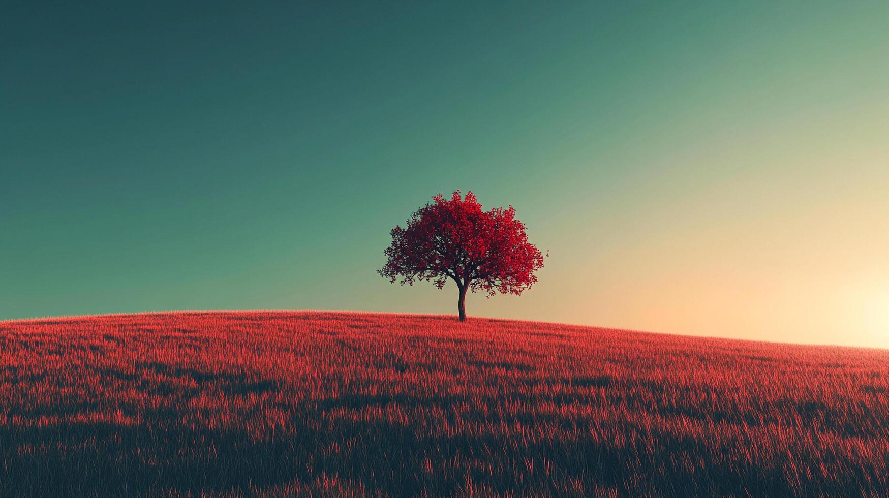 Solitary red tree standing gracefully on a grass hill, contrasting against teal sky. Calmness and serenity in a minimalist landscape. photo