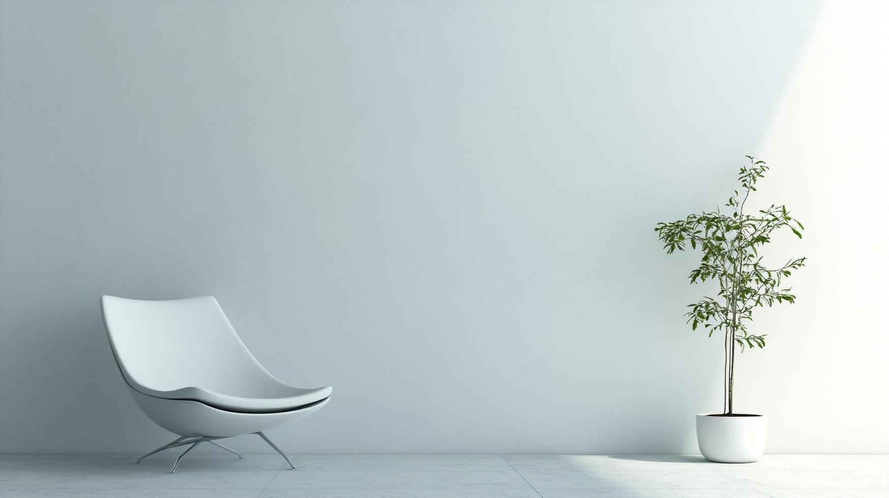 A minimalist interior space featuring a modern white chair and a potted plant against a simple wall, bathed in soft, natural light. photo