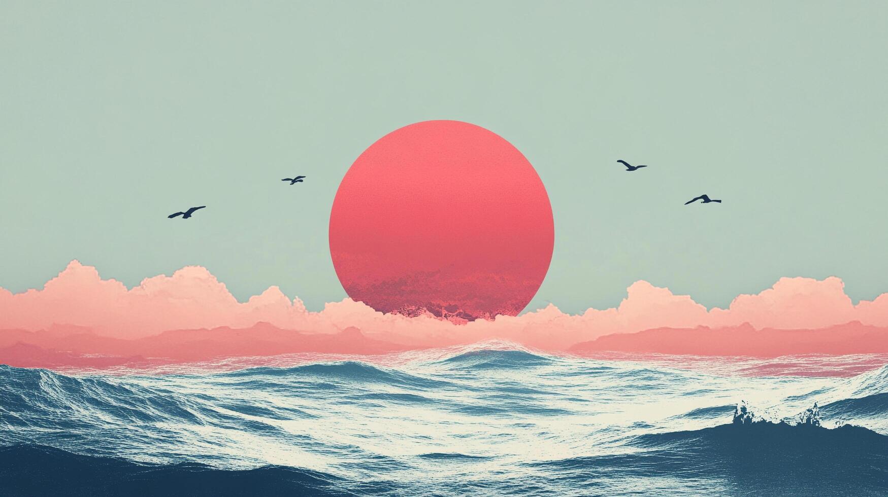 A stylized ocean vista featuring a large red sun setting amidst clouds and birds, rendered in a soft, muted color palette. photo