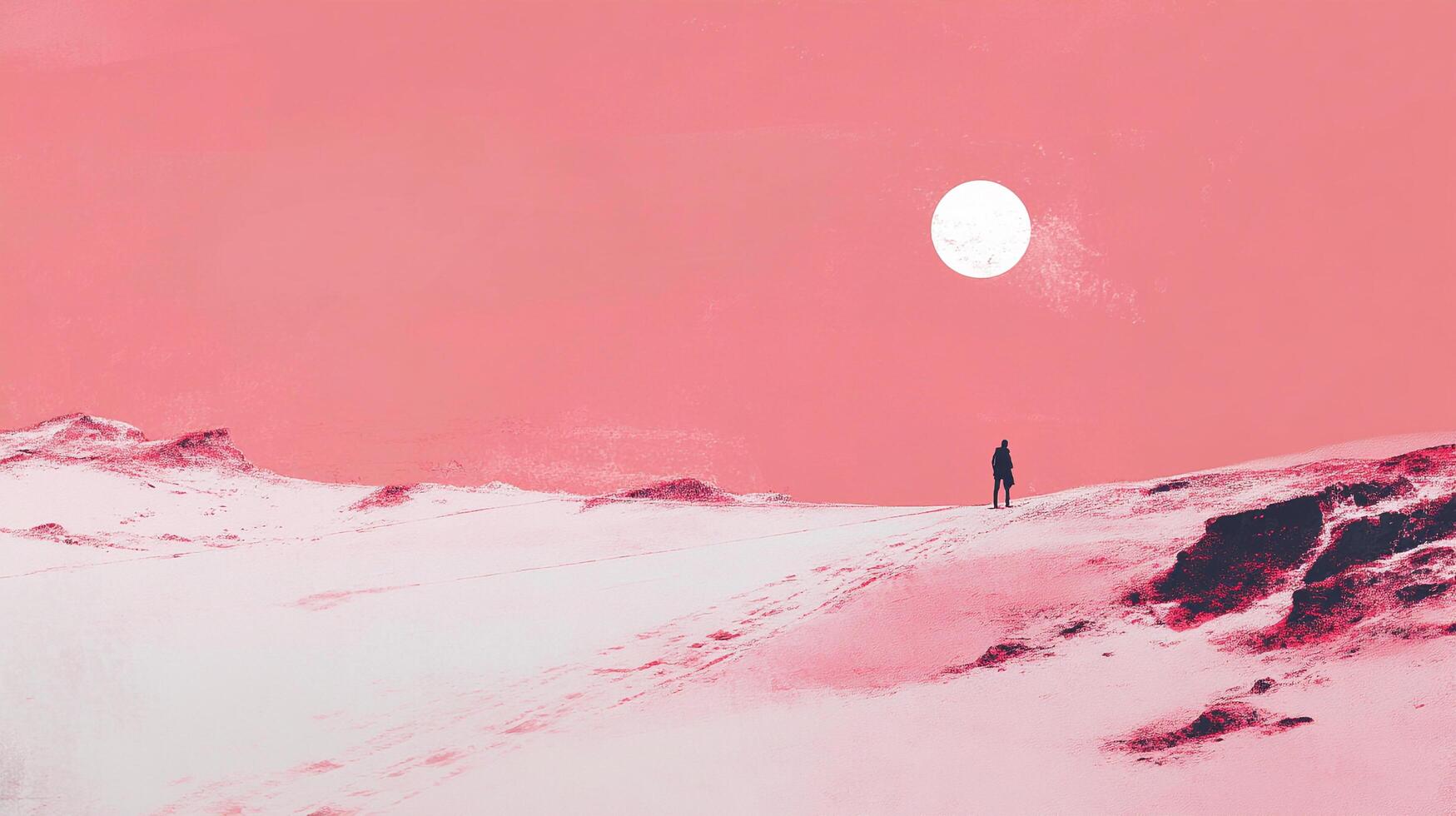 Lone figure on a pinkish planet, under a bright sun, exploring a desolated and frozen landscape, seeking connection in solitude. photo