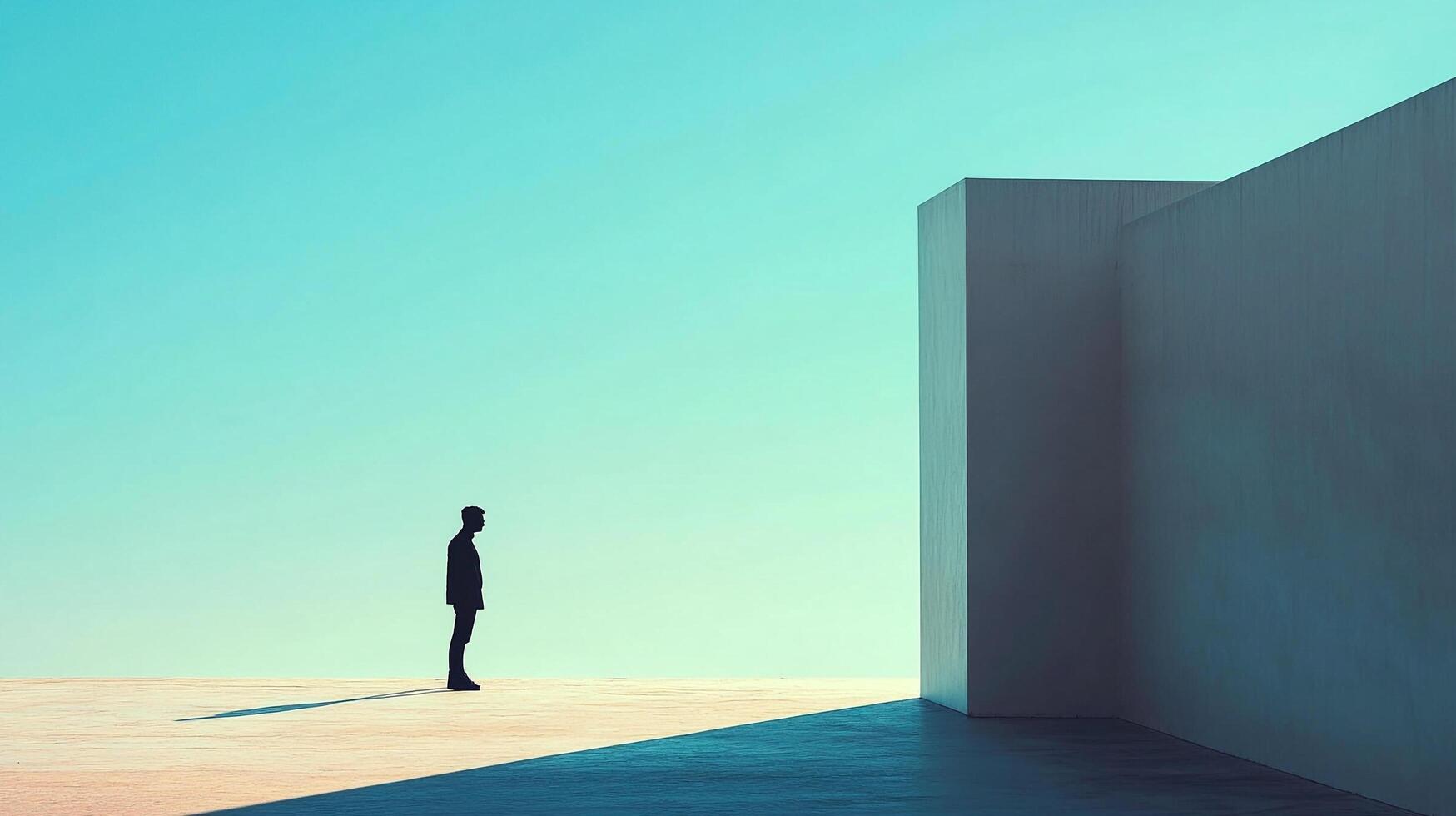 Figure silhouetted against bright sky, positioned near modern geometric architecture, conveying introspection and vastness. Minimalist art. photo