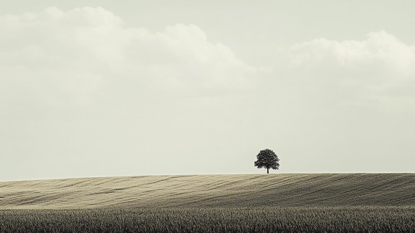 A lone tree stands on a vast, rippling field under a cloudy sky, evoking serenity and the beauty of simple, natural landscapes. photo