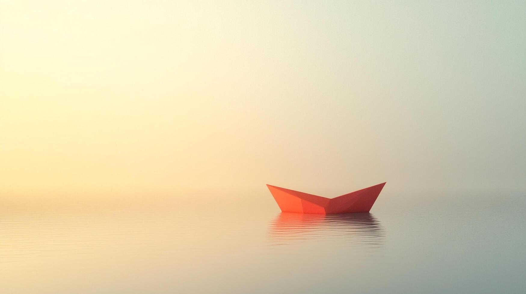 Paper boat floats serenely on a calm sea under a soft sunrise, symbolizing hope and new beginnings, painted in light orange and pastel colors. photo
