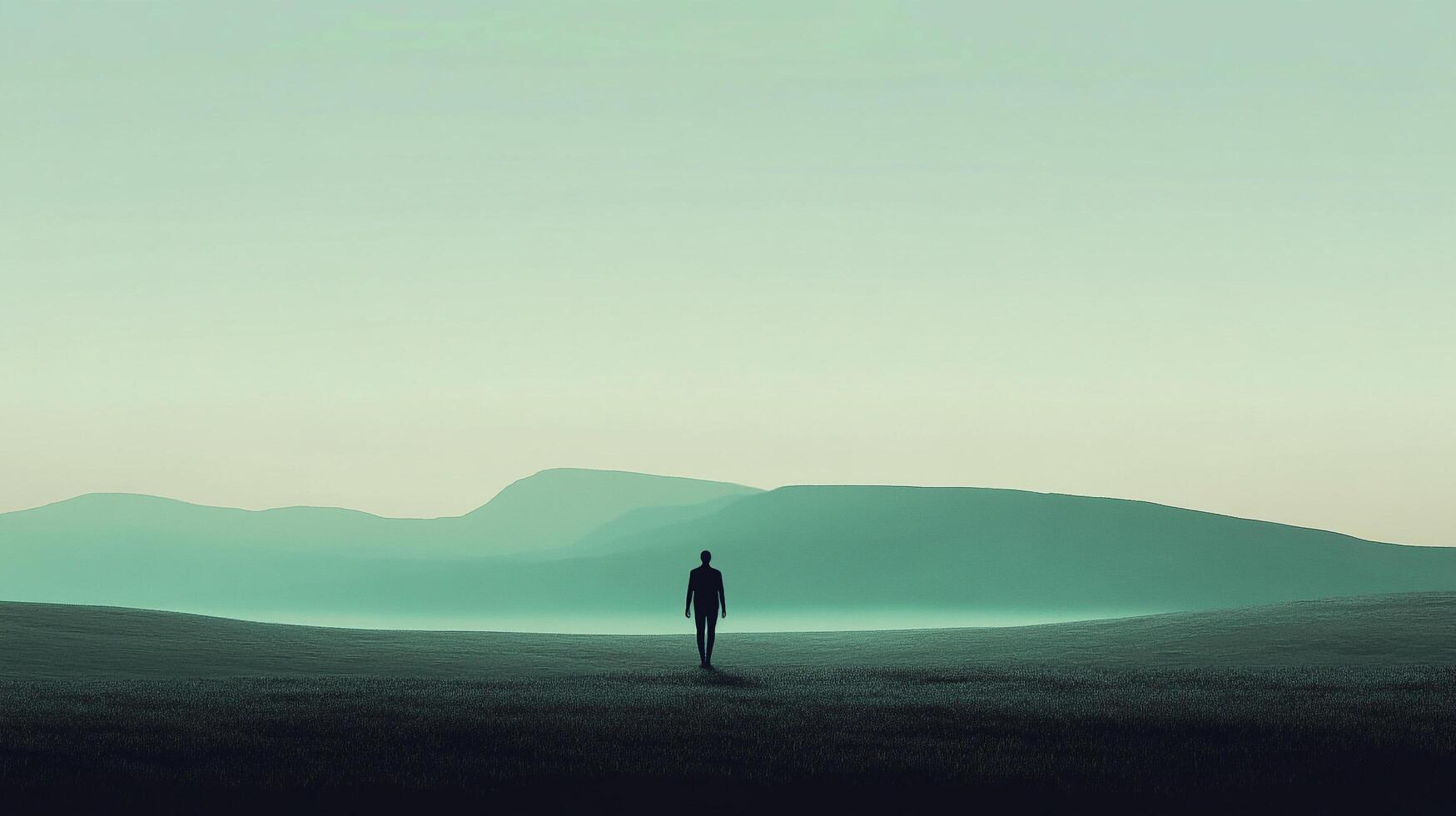 A lone figure walking towards distant mountains, rendered in calming, muted colors, evoking a sense of solitary exploration and reflection. photo