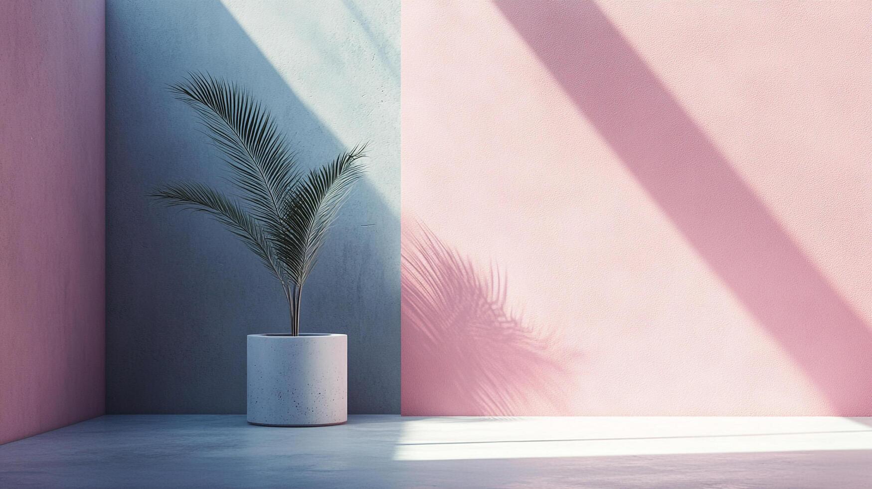 Minimalist interior featuring a potted plant against a backdrop of pastel walls with sunlight casting palm leaf shadows, creating soft contrast. photo